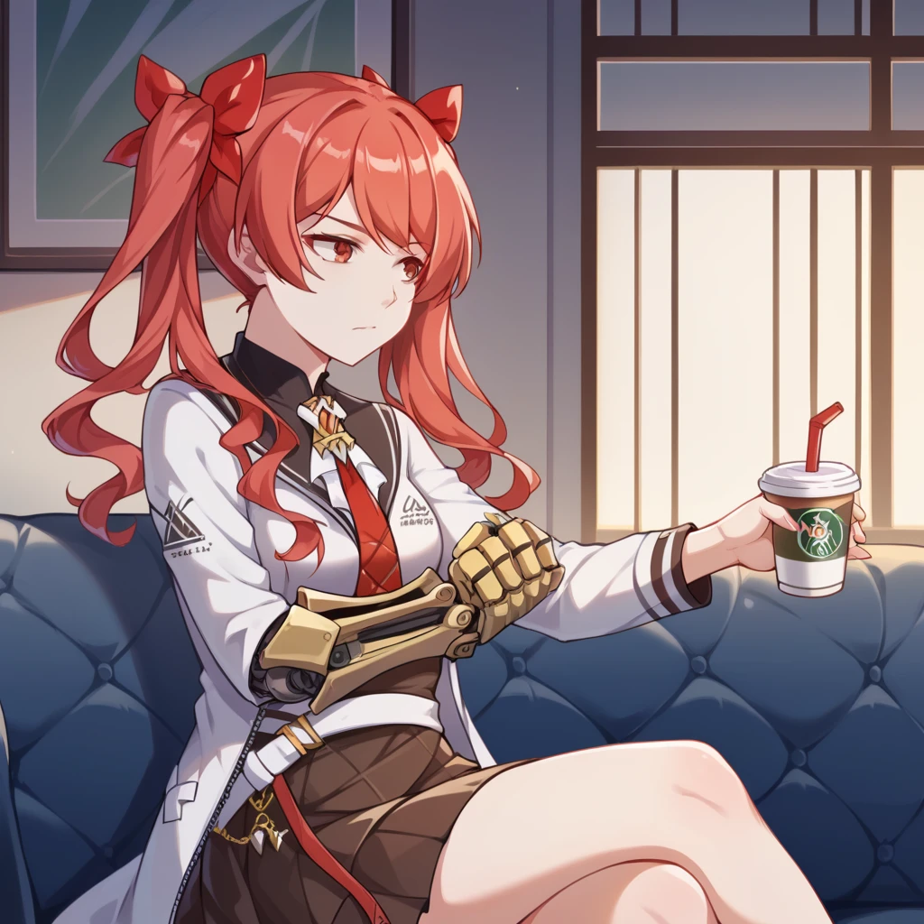 score_9_up, score_8_up, score_7_up, source_anime, masterpiece, best quality, 1girl, solo, Tesla, Tes_Idol, sitting on couch, crossed legs, bare legs, coffee cup, drinking straw, looking to side, bored, twintails, red hair, jacket white jacket, black shirt, white bowtie, brown skirt, single mechanical arm, bare shoulders, asymmetrical sleeves, white bow, belt, hair ribbon, red ribbon, mature body, dynamic cowboy shot, indoors, back stage background