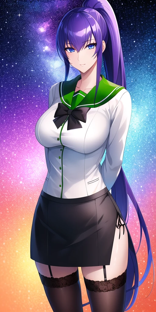 <lora:SaekoV1:0.7> busujima_saeko, large_breasts, standing, solo, arms_behind_back, starry_sky,  white_shirt_long_sleeves_green_sailor_collar_black_bowtie_black_miniskirt_side_slit_garter_straps_black_thighhighs_lace-trimmed_legwear_side-tie_panties, ponytail, masterpiece, best_quality, detailed_face, detailed_eyes, highres, beautiful, detailed, absurdres,