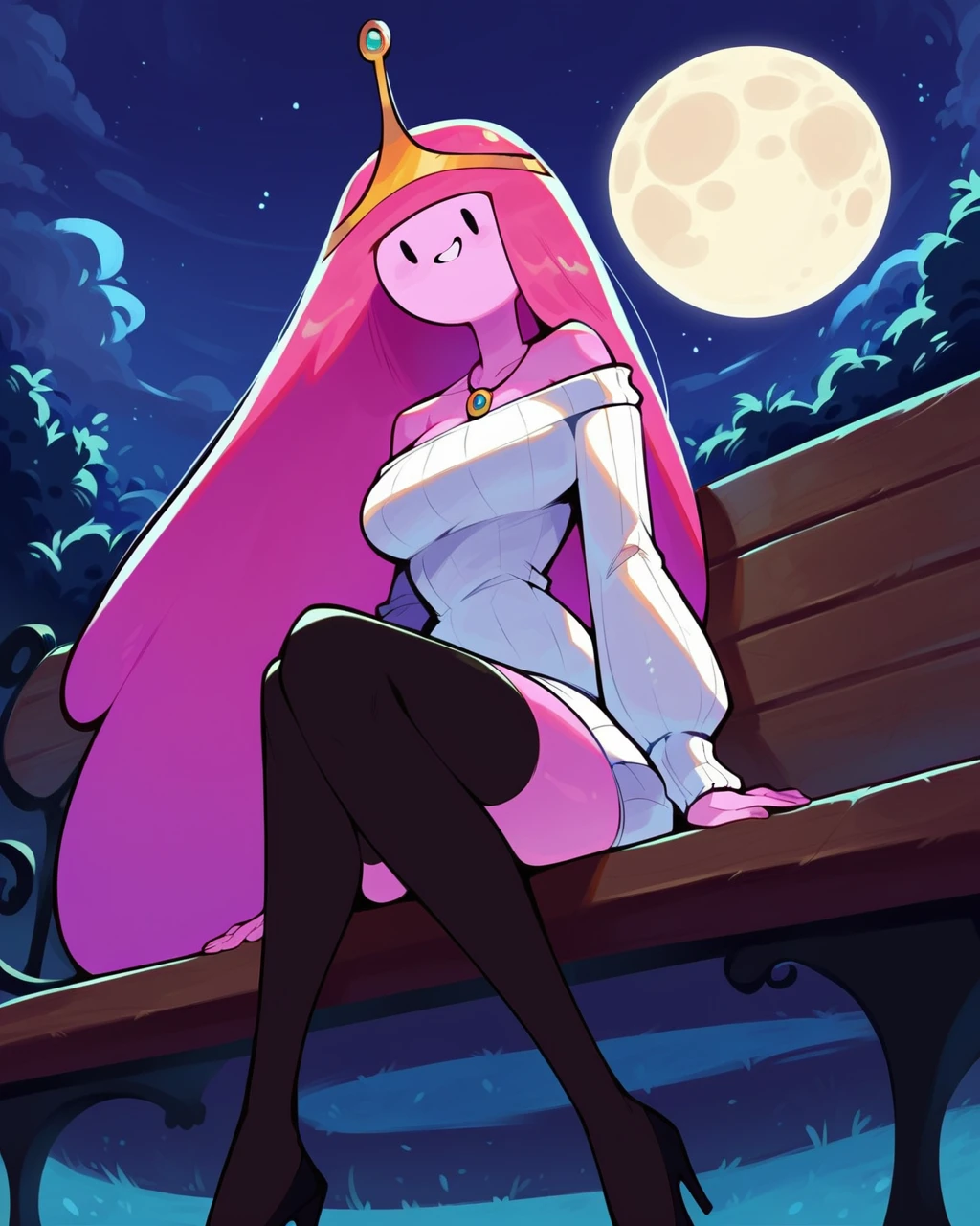 score_9, score_8, 1girl, solo, Bonnibel, pink hair, pink skin, long hair, tiara, white sweater, necklace, smile, exposed shoulders, black thighighs, high heels, sitting on bench, dynamic angle, from below, detailed background, outdoors, night, moon <lora:Bubblegum_PDXL:1>