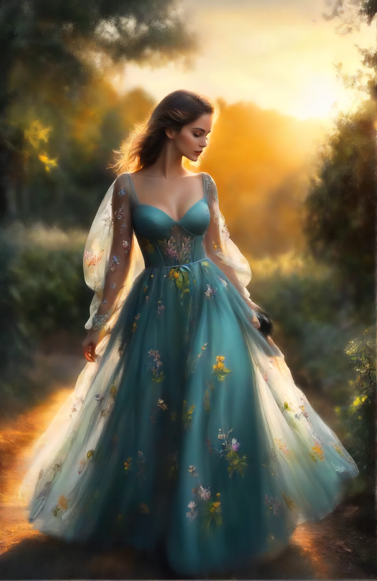 digital art  of a woman in dress, walking  in the evening sun<lora:dress:1>