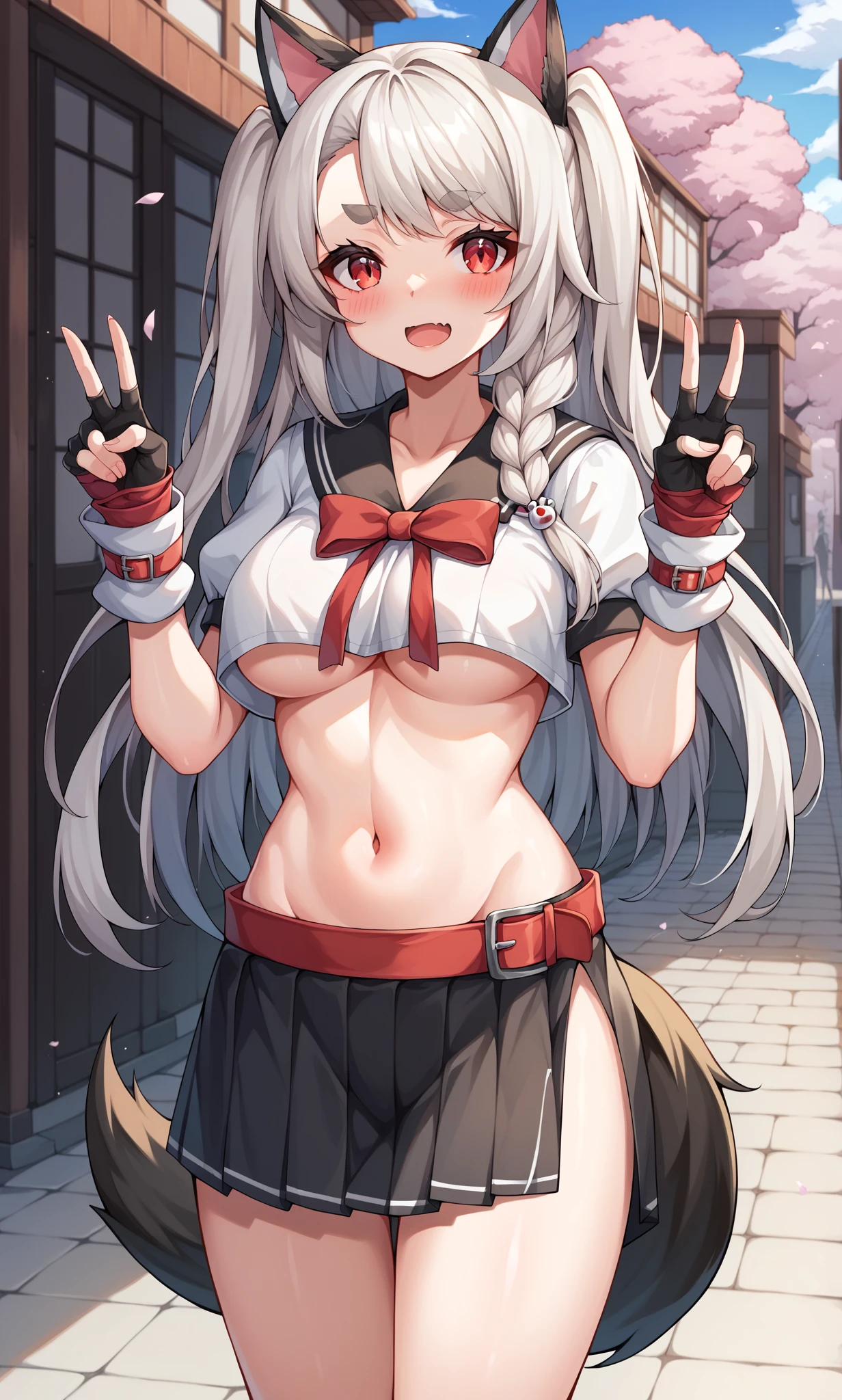 score_9, score_8_up, score_7_up, score_6_up, score_5_up, score_4_up, BREAK source_anime, 1girl, solo, outdoors, street, cherry blossoms, cowboy shot, standing, looking at viewer, yuudachi, red eyes, thick eyebrow, white hair, long hair, two side up, braid, hair ornament, dog ears, dog tail, white shirt, puffy short sleeves, black serafuku, crop top, underboob, midriff, fingerless gloves, wrists cuffs, two-tone gloves, black skirt, side slit, red belt, waist tattoo, loose socks, white socks, red shoes, embarrassed, blush, shy, open mouth, double v