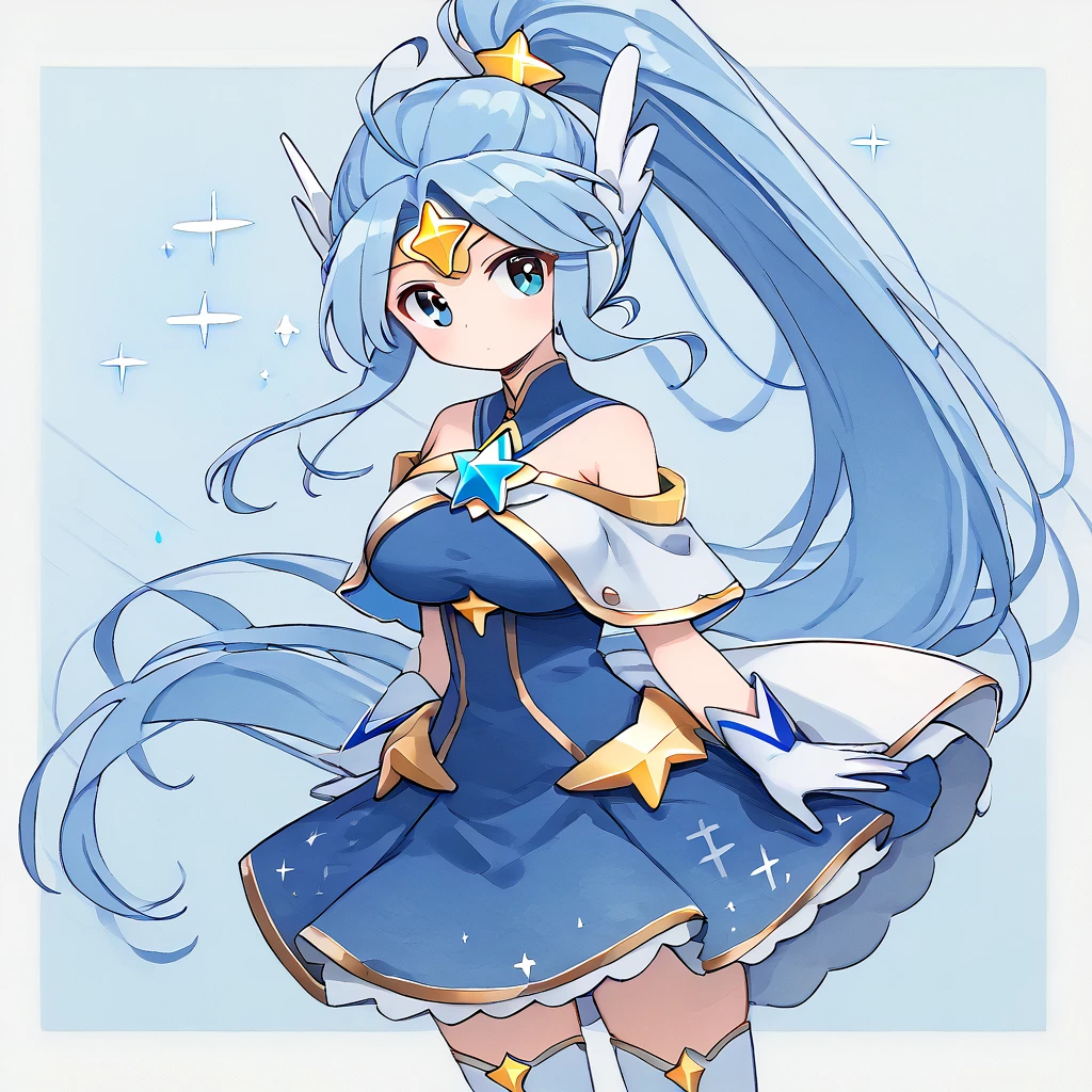 <lora:blorgkb:1.5> lorbeco, long hair, light blue hair, ponytail, star_(symbol), headpiece, forehead star gem, ahoge, head wings, blue eyes, android, magical girl, gloves, thighhighs, detached sleeves, skirt, white footwear, shoulderless shirt, blue shirt, blue skirt, white thighhighs, gold trim, white capelet, blue trim, large breasts <lora:zukky000:1>