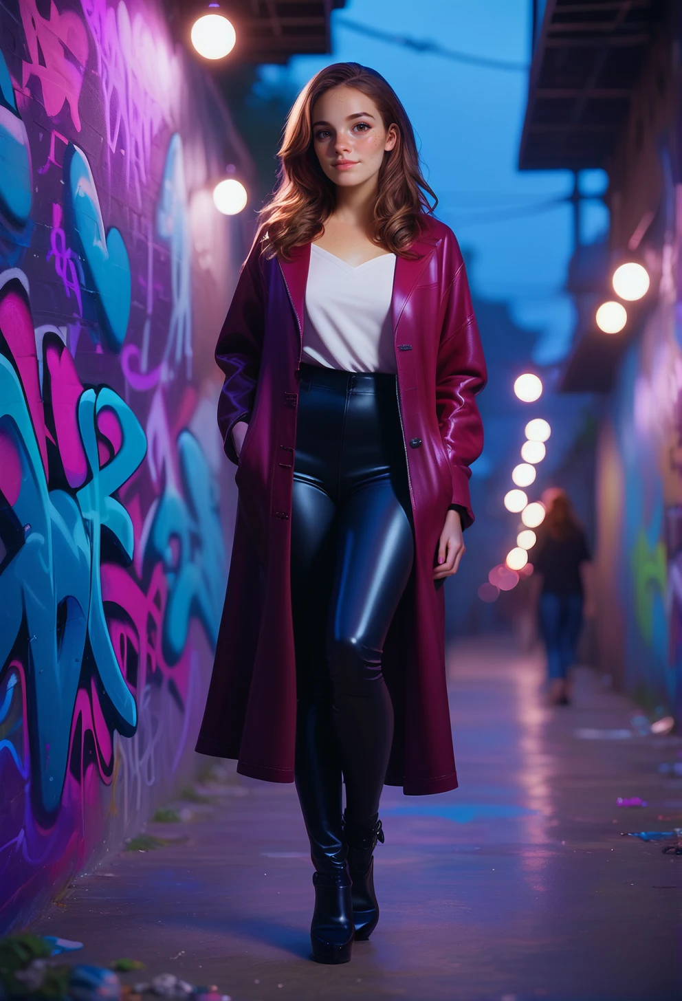 score_9, score_8_up, score_7_up,realistic, film photography,film grain,best quality, masterpiece, dimmed lights, cinematic lighting, dreamy, 1woman, 27yo woman, soft freckles, long hair, brown hair, graffiti street style, dolleijpony02 <lora:DolleijPONY02-000003:0.6>