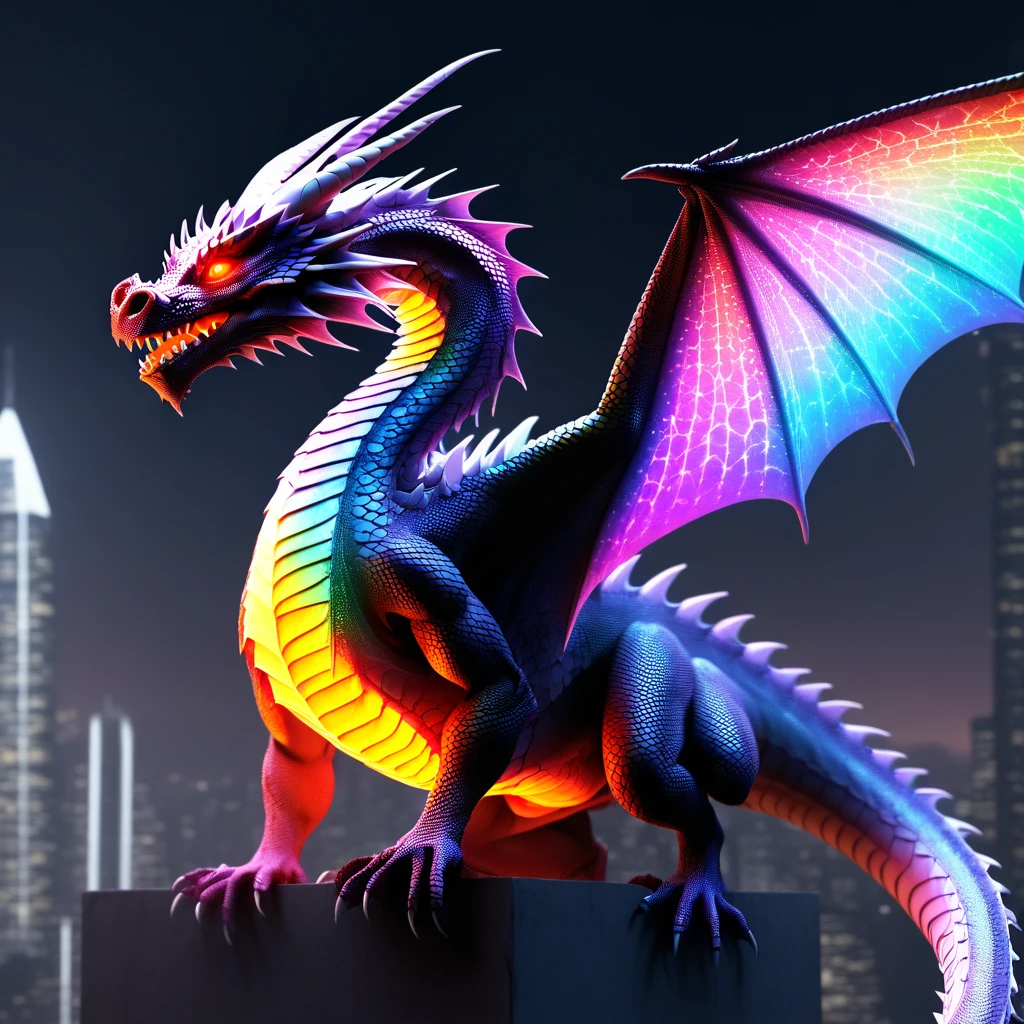 Hyper-realistic digital painting of a neon dragon coiling around a skyscraper in a rain-soaked cyberpunk city. The dragon's scales glow with bright neon colors, reflecting the city's lights. Its eyes are fierce and intelligent, and its body is both sleek and powerful. The city below is alive with activity, with people carrying umbrellas and neon signs flickering in the rain. The overall atmosphere is mysterious and electric, cinematic composition, trending on ArtStation.