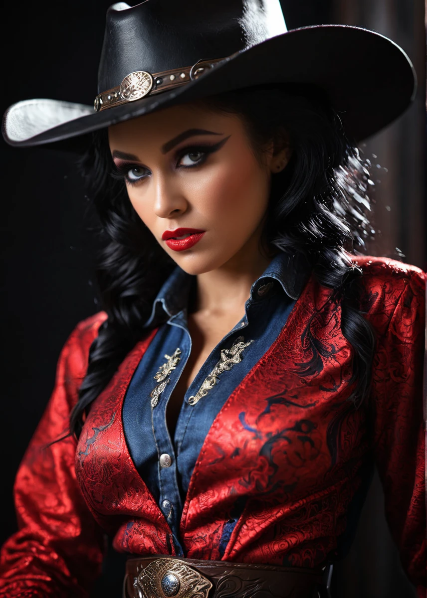 A captivating masterpiece of a woman, make up, (((cowboy shot))), glamour, dramatic, studio lighting, looking at viewer, background blurred, 8k, dragon, bloodwave, ornate clothing, high contrast, dramatic shadows, mysterious, cinematic,    <lora:MS_Anya_Ivy_V1_SDXL_r1:0.8>