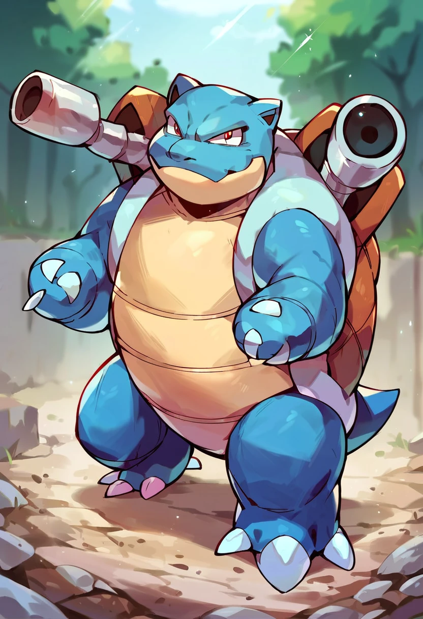 score_9, score_8_up, score_7_up, score_6_up, source_furry, solo, blurred background, dof,  full-length portrait,  <lora:POKEMON_BLASTOISE:1> pokemon (creature), blastoise, canons