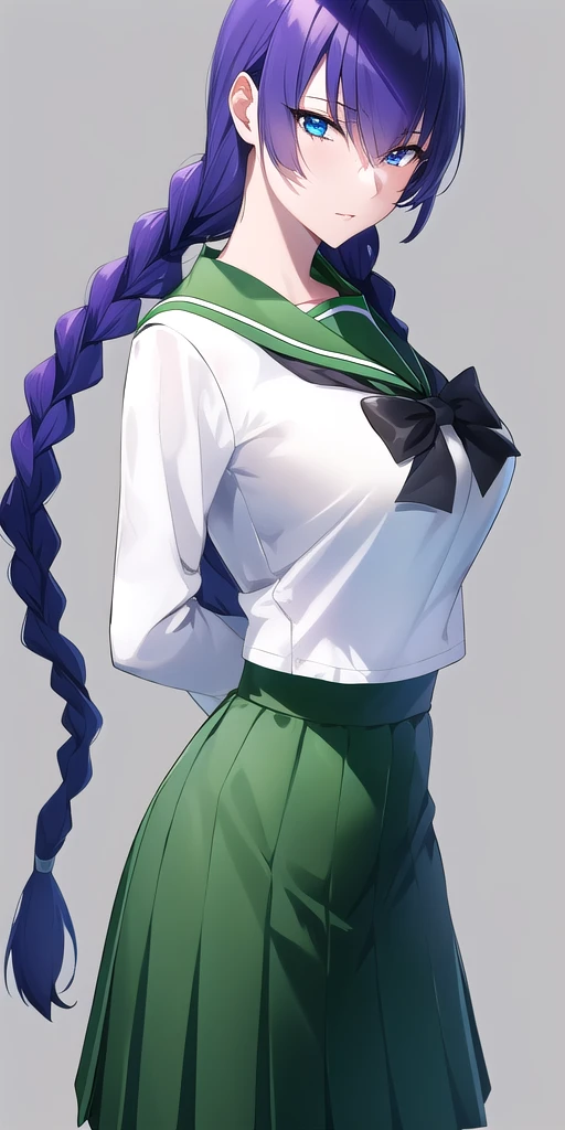 <lora:SaekoV1:0.7> busujima_saeko, large_breasts, standing, solo, arms_behind_back, starry_sky,  white_shirt_long_sleeves_green_sailor_collar_black_bowtie_green_plaid_skirt_serafuku, twin_braids, masterpiece, best_quality, detailed_face, detailed_eyes, highres, beautiful, detailed, absurdres,