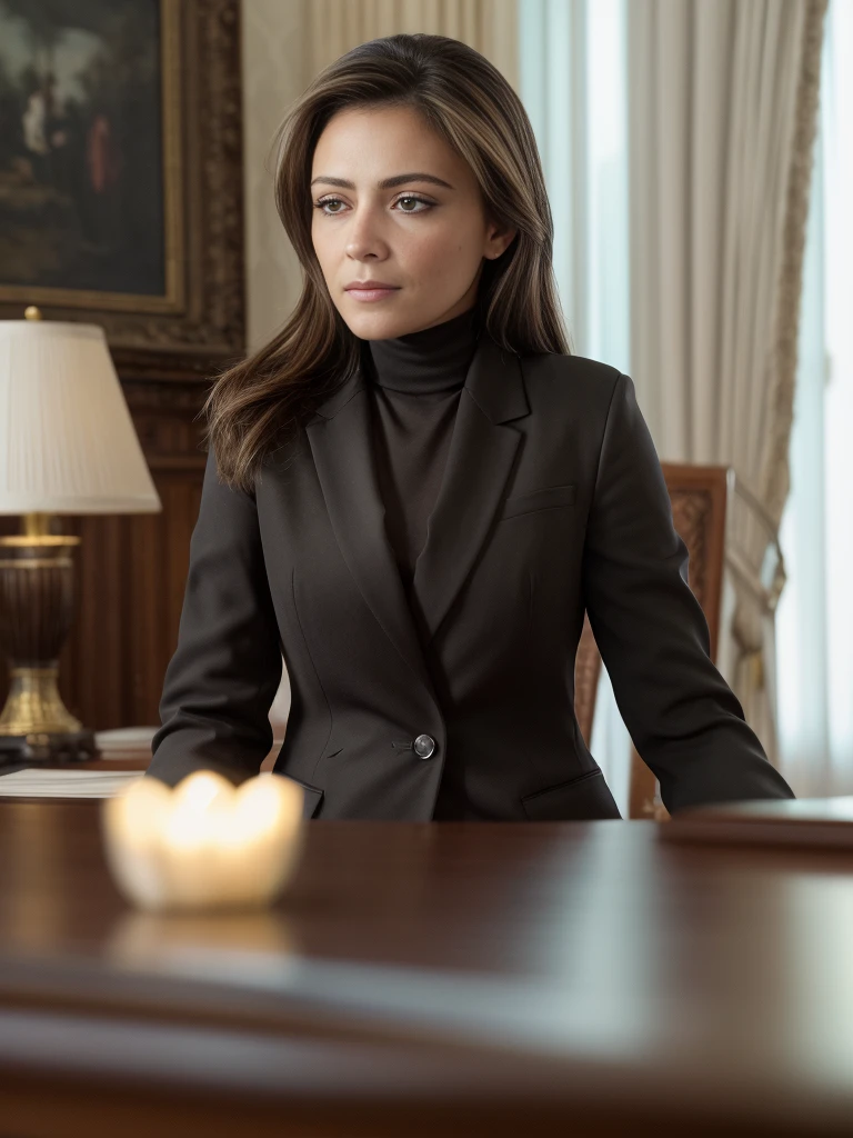 (RAW, analogue, Nikon Z 14mm ultra-wide angle lens, award-winning glamour photograph, ((best quality)), ((masterpiece)), ((realistic)), skin pores, subsurface scattering, radiant light rays, high-res, detailed facial features, high detail, sharp focus, smooth, aesthetic, extremely detailed, (extremely detailed eyes, extremely detailed iris), extremely detailed hair, extremely detailed skin, extremely detailed clothes, octane render, photorealistic, realistic, post-processing, max detail, realistic shadows, roughness, natural skin texture, real life, ultra-realistic, photorealism, photography, 8k UHD, photography, hdr, intricate, elegant, highly detailed, sharp focus, stunning, beautiful, gorgeous), (photorealistic), (realistic), it41i4 in a high neck blouse, (black blazer1.2), standing in front of a desk, full body, brown hair with blonde highlights, brown eyes, indoors, oval office, white house, windows, upper body, morning, bright, photorealistic, realistic, detailed eyes, intricate face, high contrast, <lora:Italia_Ricci_PMv1b_LoCon_768:1.3>