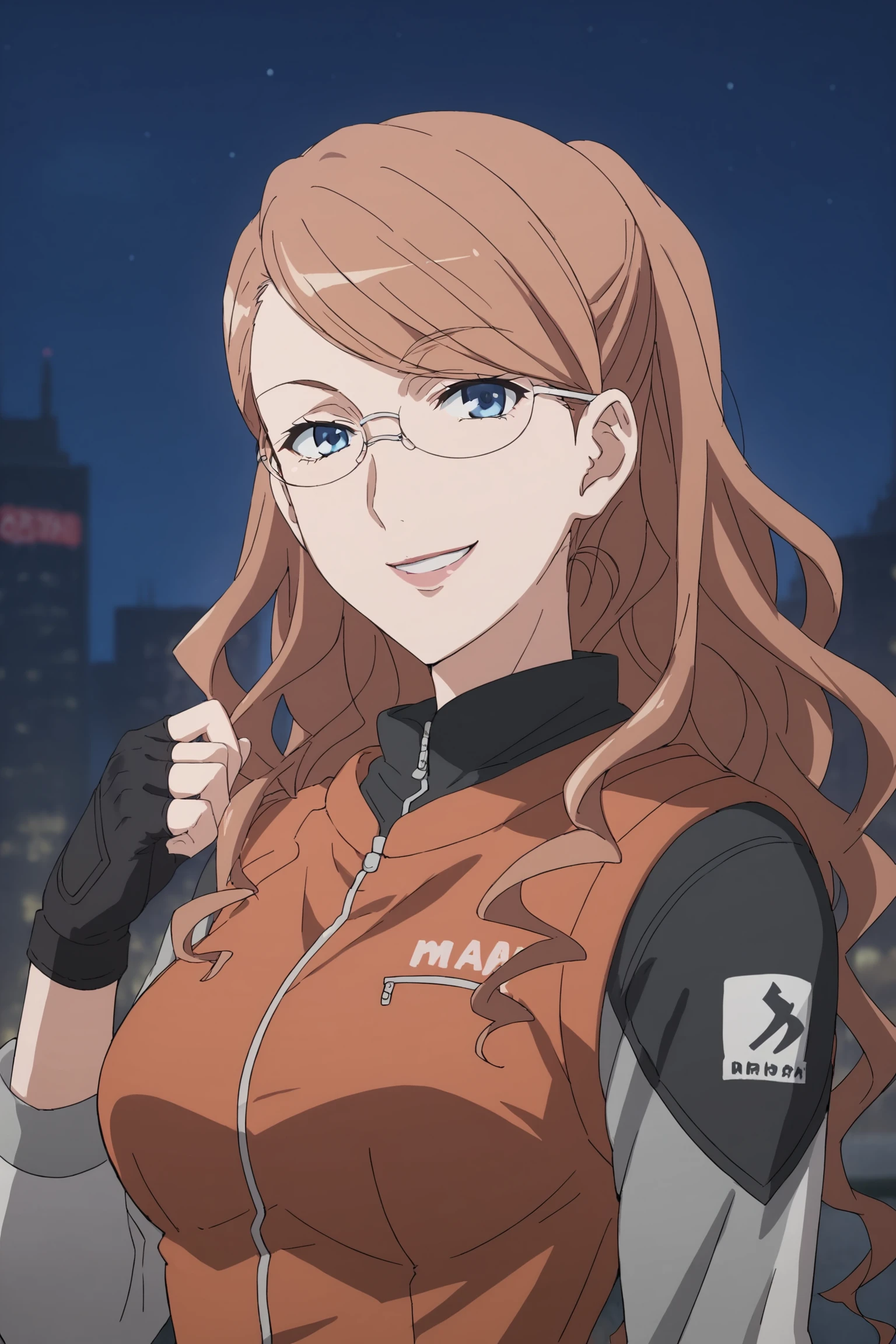 therestina kihara lifeline, brown hair, long hair, wavy hair, blue hair, glasses, thterestinamar, long sleeves, grey shirt, orange vest, black gloves, fingerless gloves, black belt, grey pants, <lora:Therestina_Kihara_Lifeline:0.8>, score_9, score_8_up, score_7_up, score_6_up, score_5_up, source_anime, rating_safe, medium breasts, outdoors, city, (night:1.4), 1girl, solo, looking at viewer,  <lora:age_slider_v4:3>, smile, (dynamic pose:1.2), (upper body:1.2)