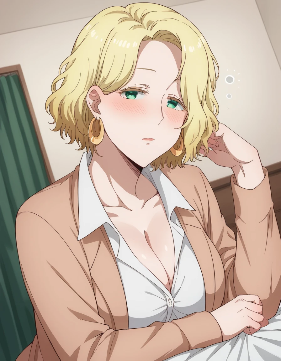 score_9, score_8_up, score_7_up, source_anime, <lora:ferris-olston-s1-ponyxl-lora-nochekaiser:1>, ferris olston, short hair, blonde hair, green eyes, mature female, large breasts,, shirt, cleavage, jewelry, collarbone, jacket, white shirt, earrings, collared shirt, brown jacket, hoop earrings,, indoors, bed, bed room, on side, blush, drunk, looking at viewer, solo,, cowboy shot, dutch angle