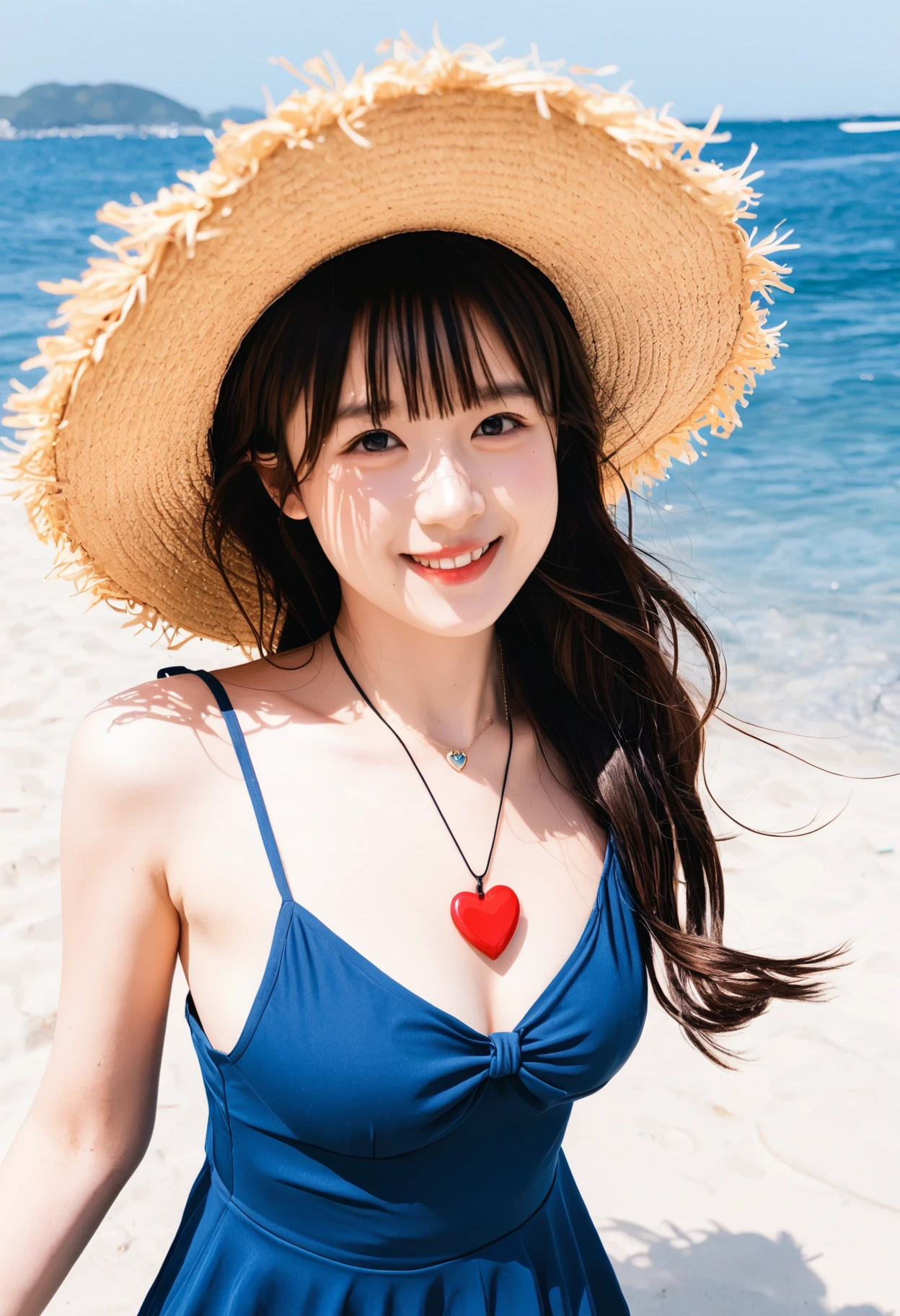 araffe asian girl with long hair wearing a straw hat and blue dress, 1asian girl, solo, hat, straw hat, long hair, looking at viewer, necklace, jewelry, heart necklace, smile, heart, brown hair, bangs, day, beach, outdoors, upper body, black hair, sunlight, closed mouth, swimsuit, selfie, sky, ocean, sun hat