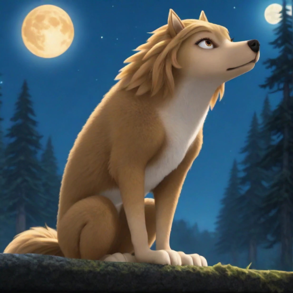 kate, wolf, feral, looking at viewer:1.3, sitting, skinny,  outside, orange eyes, full body, side view, looking up, night, moon, low angle, sparkling, forest