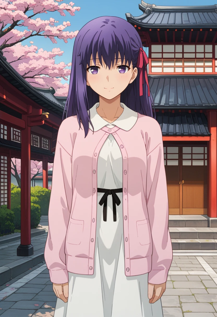 score_9,
<lora:FateStayNight_MatouSakuraXL:0.9>, MatouSakura,
1girl, solo, closed mouth, light smile,
purple hair, long hair, purple eyes, hair ribbon, pink ribbon,
SakuraCasual, cardigan, pink sweater, white dress, black ribbon,
standing, looking at viewer,
outdoors, east asian architecture