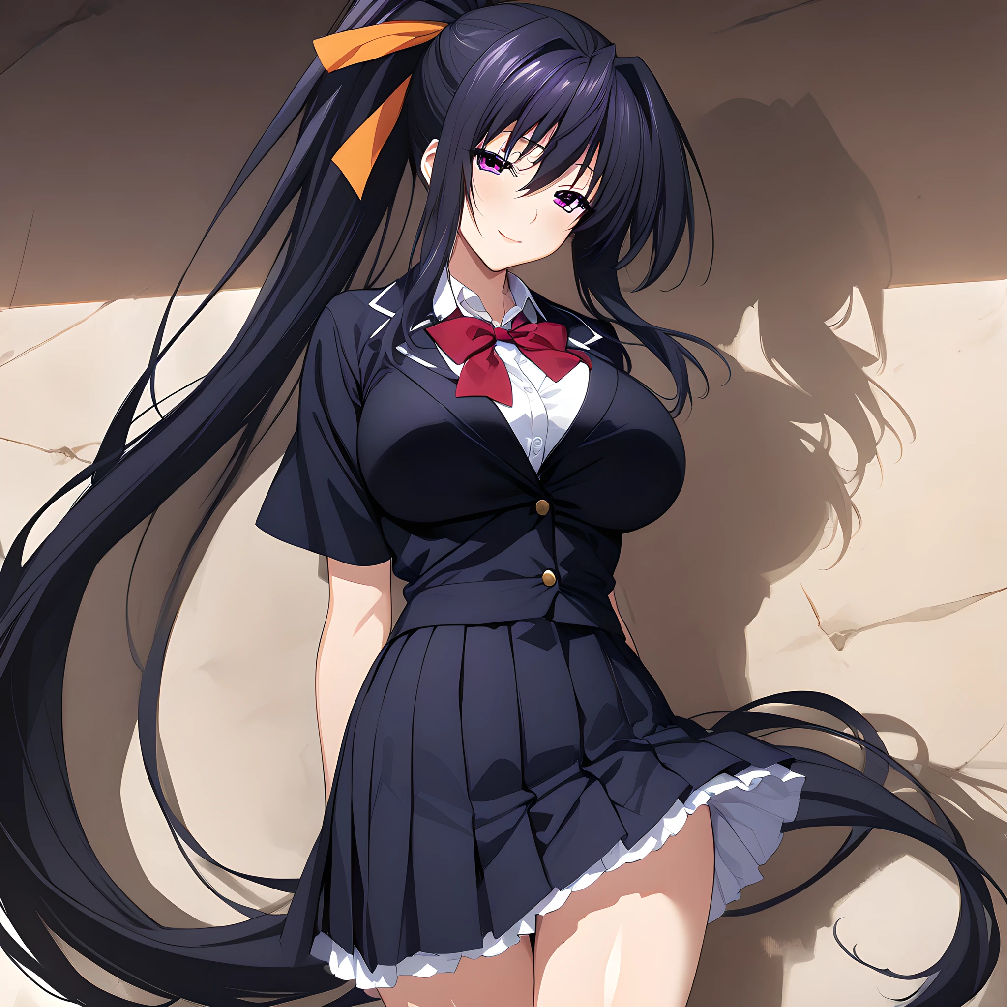 (masterpiece),(best quality),(ultra-detailed),(best illustration),(best shadow),(absurdres),(detailed background),(very aesthetic),  akeno_himejima, 1girl, long hair, solo, breasts, school uniform, skirt, very long hair, large breasts, black hair, purple eyes, ponytail, ribbon, hair ribbon, looking at viewer, cowboy shot, seductive smile, from the front<lora:Akeno_Himejima:1>