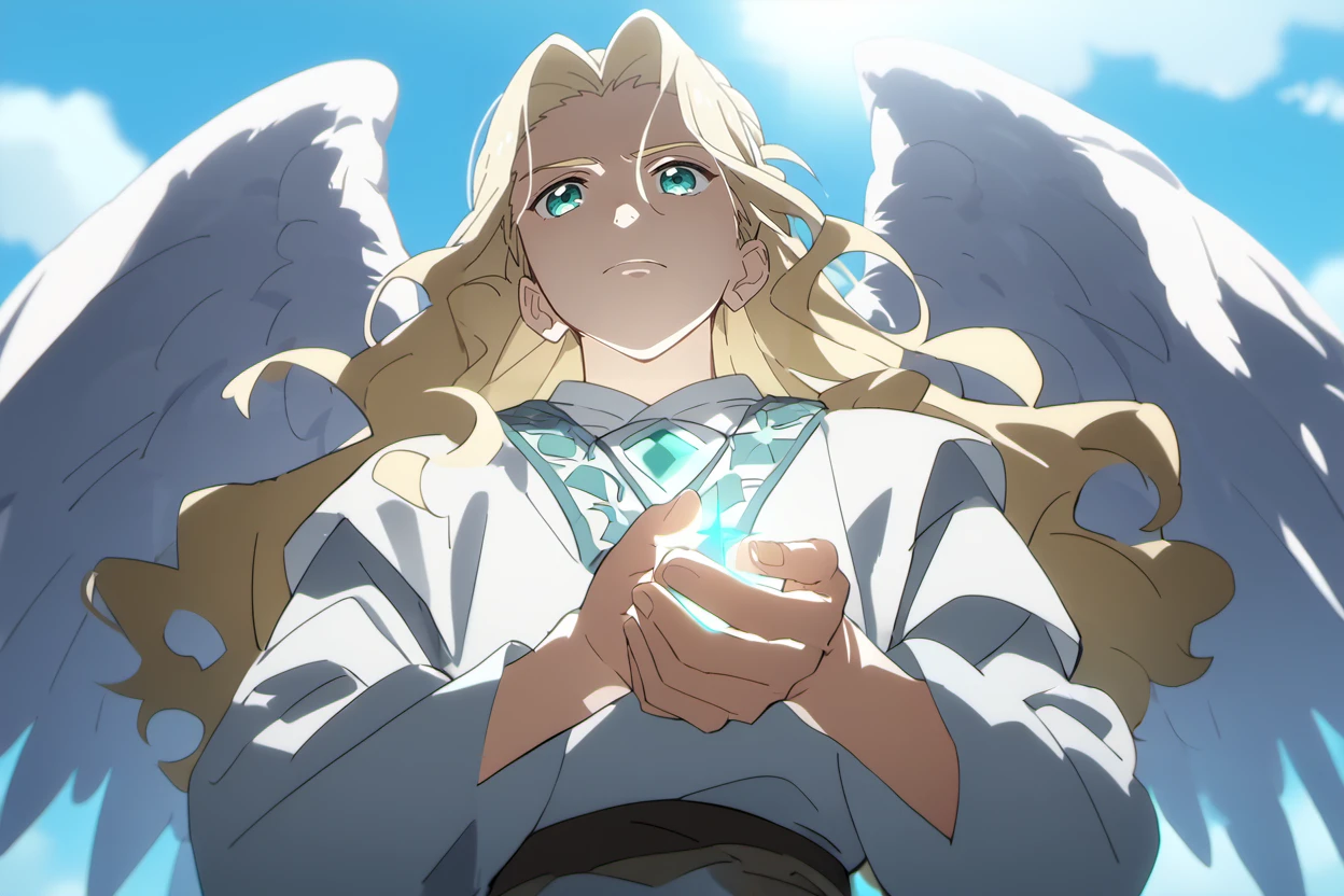 score_9, score_8_up, score_7_up, masterpiece, best quality, 1boy, solo, young boy, <lora:YeLimingPony:1>, solo, aqua eyes, blonde hair, long hair, white tunic, angel wings, nimbus, spear in hands, frowns, from below, <lora:Anime_Screencap:0.8> anime screencap