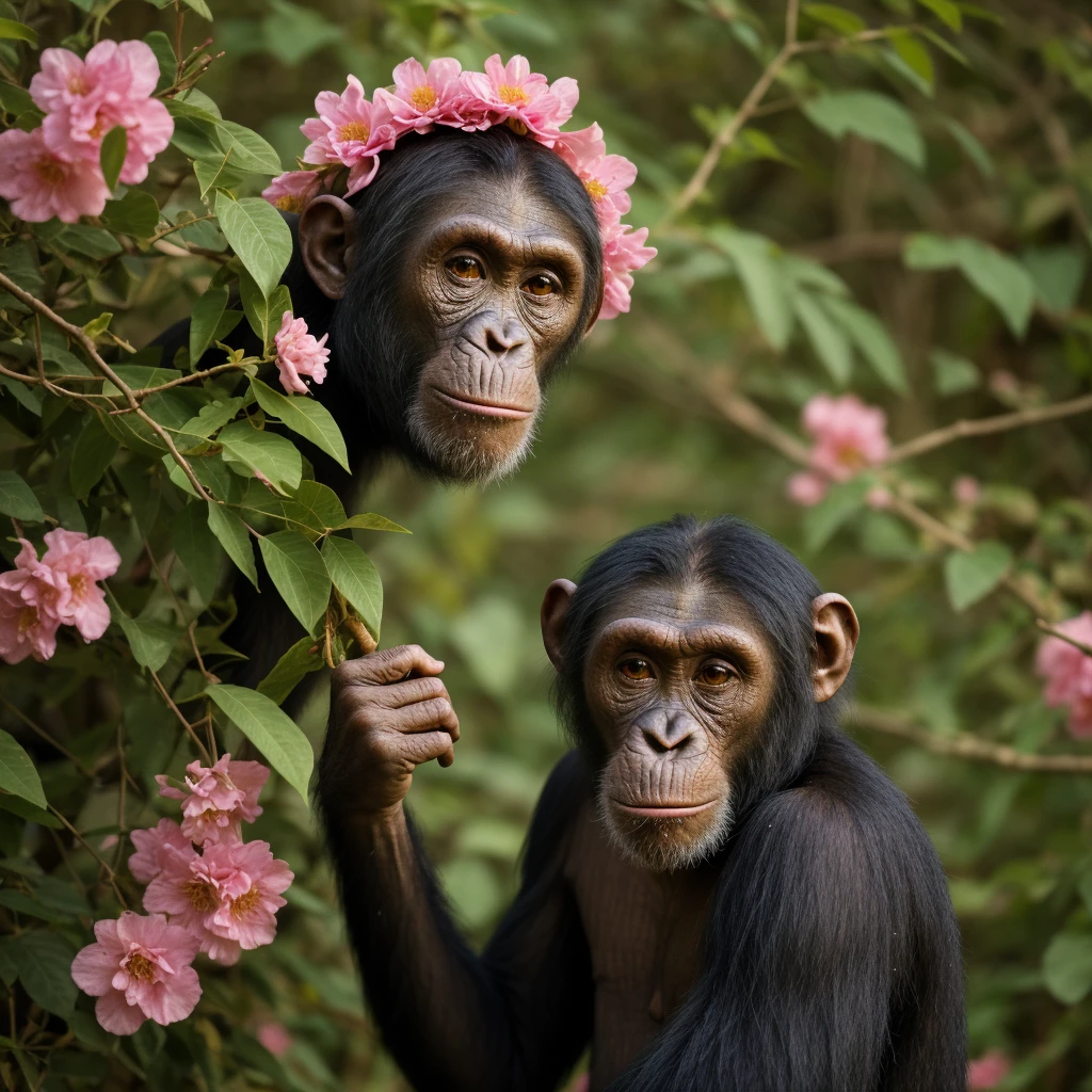 ultrarealistic photography, hyperrealistic lighting and shadows, natural environment, meticulous detailing, a chimpanzee wearing an oversized flower hat, national geographic photo of the year, award winning photographer