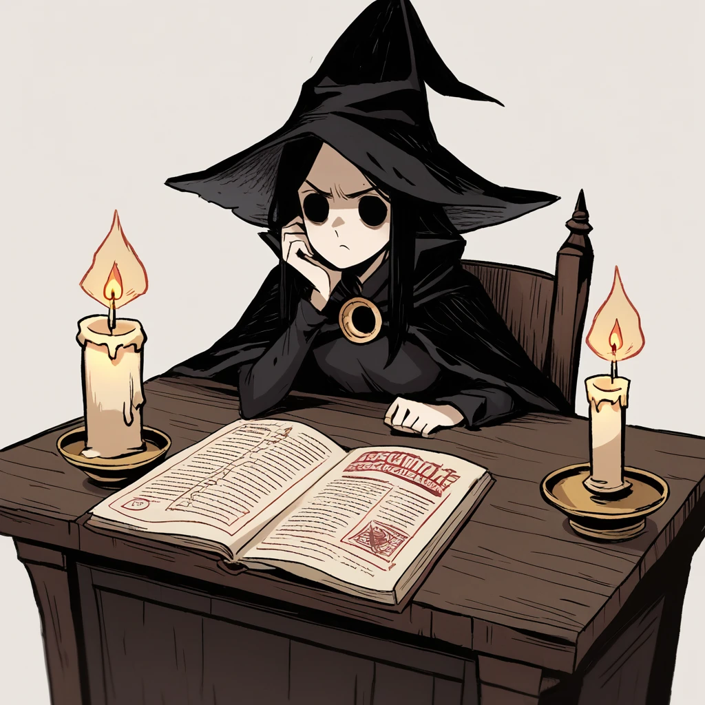 score_9, score_8_up, score_7_up, score_6_up, score_5_up, score_4_up, zPDXL2,source_anime,rating_questionable, <lora:Cozy_Spooky:1> sp00k, scowl, witch girl, sitting at table, reading book, candle, black dot eyes