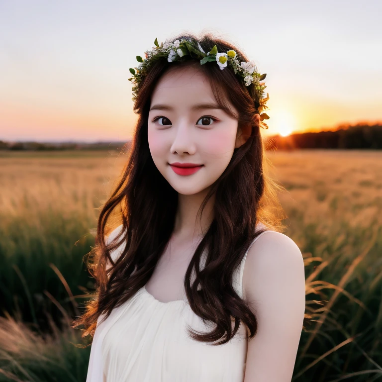 naeun, a woman, cowboy shot, 1girl, (looking at viewer:1.3), (white dress), (flower crown), (sunset background), natural skin color, (closed mouth:1.2), (medium breast), floating hair, beautiful expression, face detailed, detailed eyes, detailed iris, masterpiece, best quality, photorealistic, hyper realistic, ultra detailed, perfect lighting, depth of field, shadows, highres, <lora:aprilnaeun:0.9>