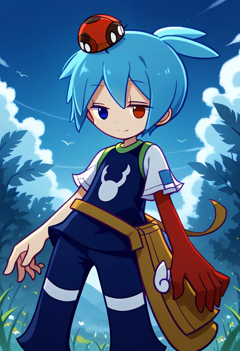 score_9, score_8_up, score_7_up, source_anime, solo, 
1boy, Sig, (/Puyo Puyo)/, (ultra HD quality details), sky blue hair, straight hair, short hair, hair antennae, (heterochromia, blue eyes, red eyes), asymmetrical arms, red arm, red left arm,
blue shirt, green edge, short sleeves, white sleeves, pants, blue capri pants, shoes
smile, sky, cloud, bug, ladybug, blob