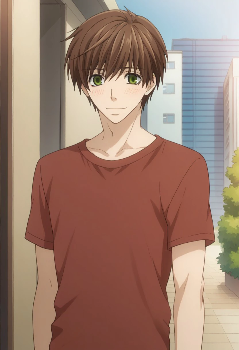 score_9, score_8_up, score_7_up, source_anime, highly detailed, 
ritsuonodera, 1boy, male focus, green eyes, solo, brown hair, t-shirt, red t-shirt, smile, shy,
outdoor, building,