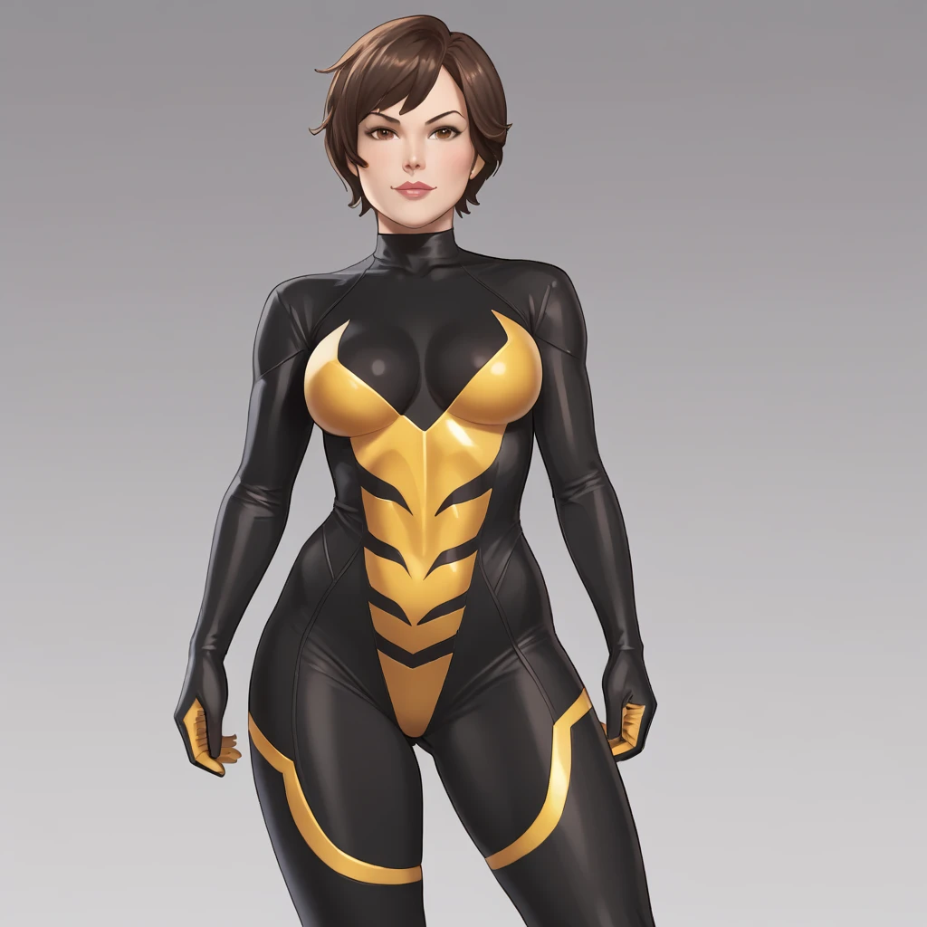 <lora:wasp_pony_v1:.9> waspjanet, 1girl, short hair, bodysuit, medium breasts, brown hair, brown eyes, lips, cowboy shot