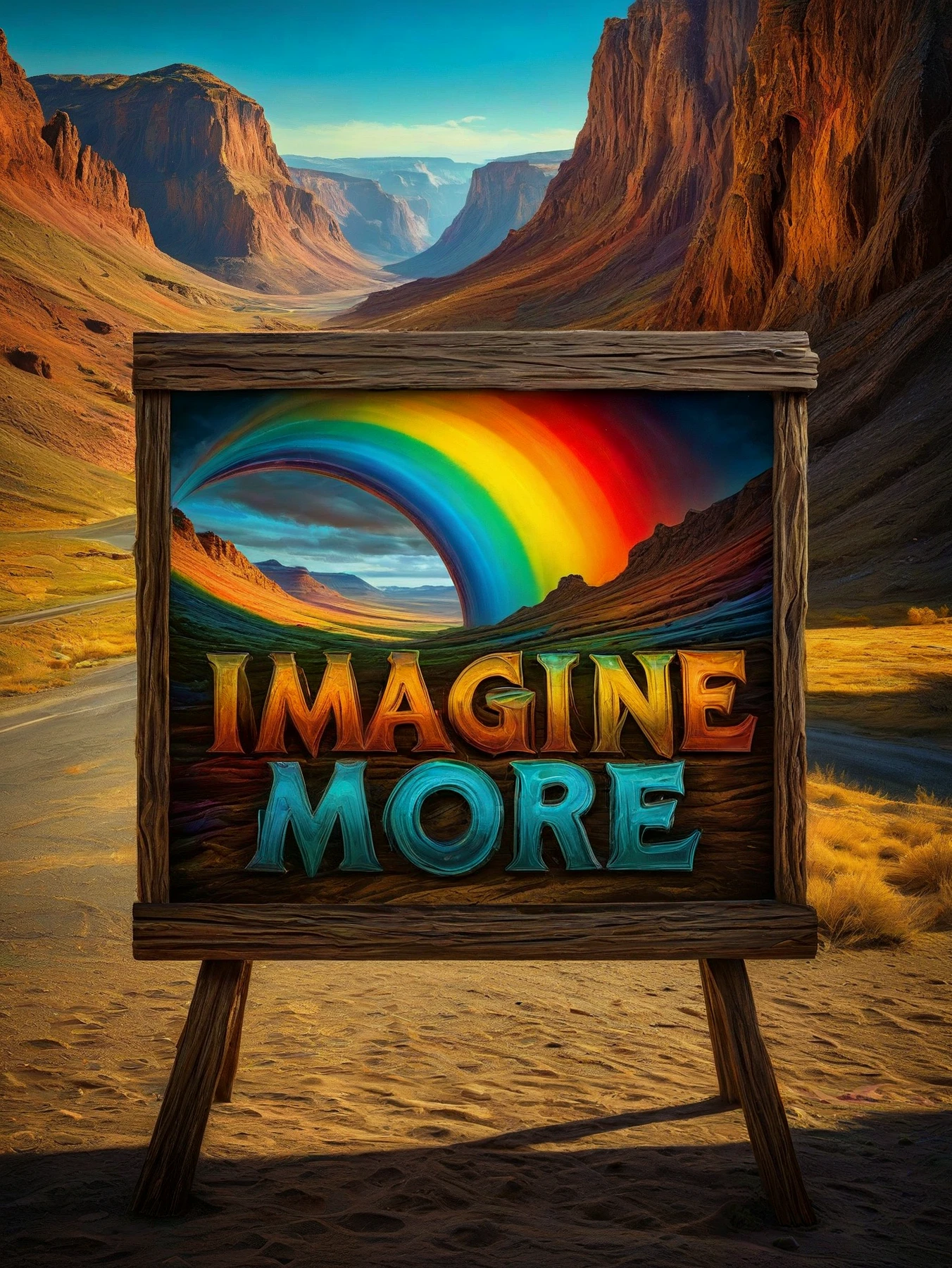 insane detail, amazing lighting, 8K, HDR, vibrant and colorful, masterpiece. RAW Photograph.

A rustic rainbow-colored sign. (text: "IMAGINE MORE"). Canyon.

<lora:ImagineMore01_CE_SDXL:1> 