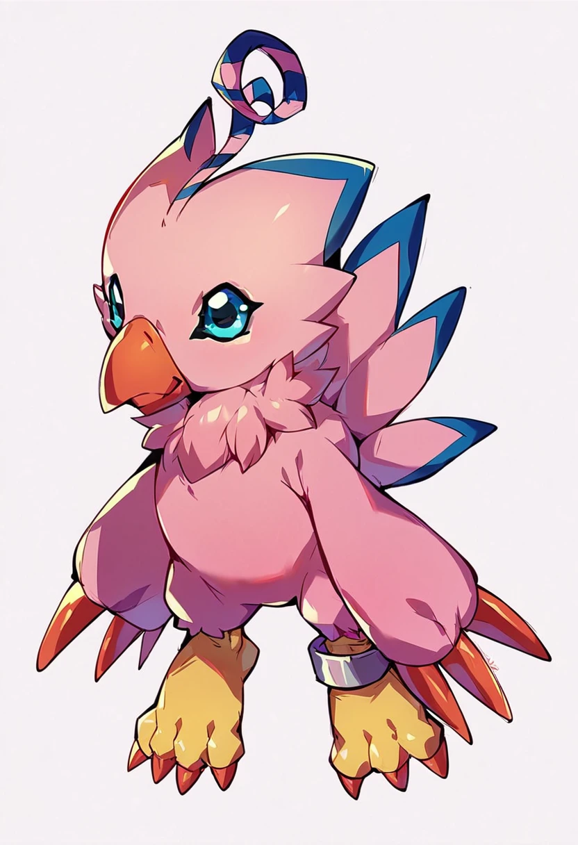 score_9, score_8_up, score_7_up, score_6_up, source_furry, solo, dof, full-length portrait, feral, white background,  <lora:DIGIMON_BIYOMON:1> biymon, digimon (creature), ankle bracelet, beak