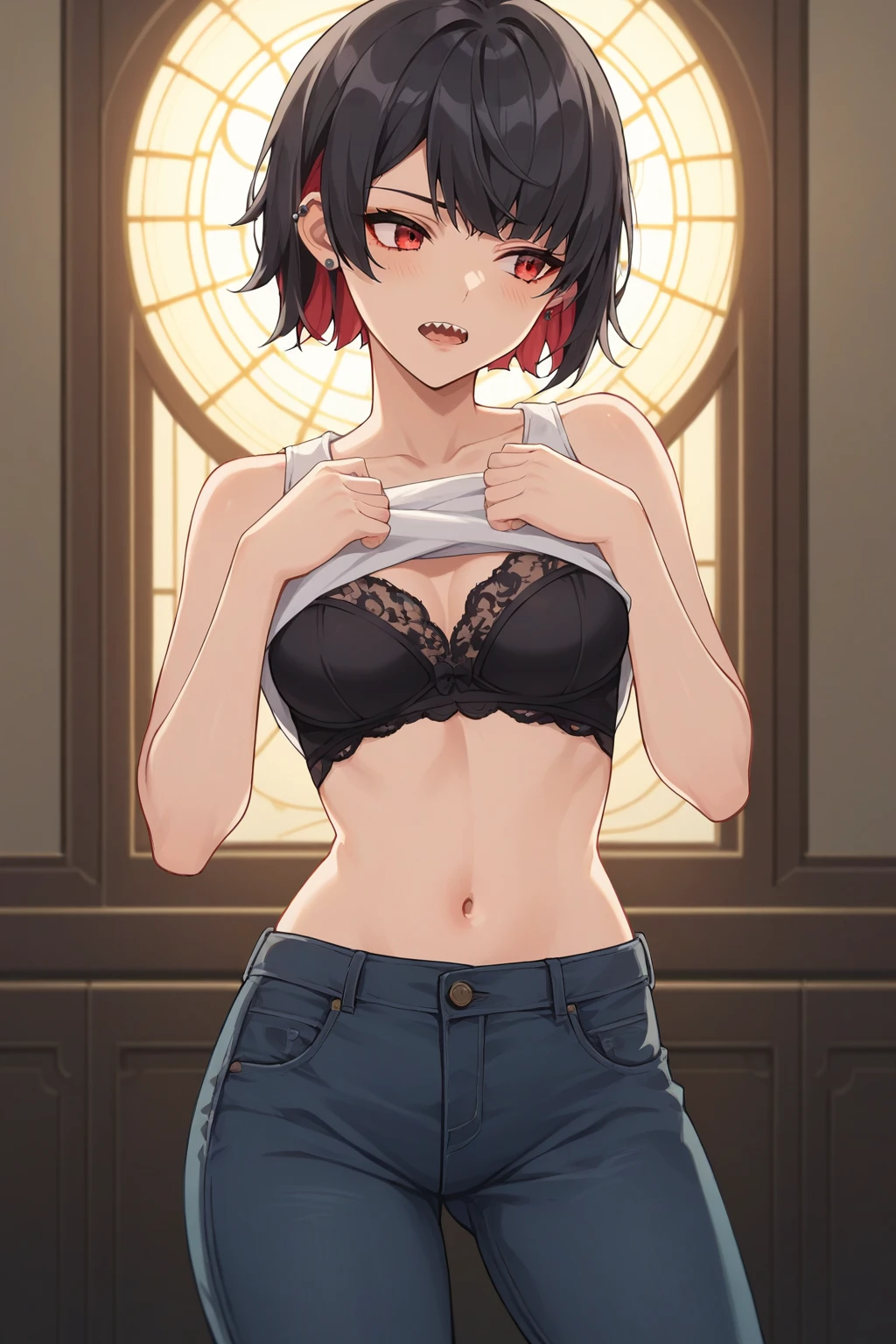 score_9, score_8_up, score_7_up, source_anime, 1girl, prefect lighting, very aesthetic, intricate details, highly detailed background, masterpiece, high quality, prefect hands, best quality, solo,
<lora:Ellen_Joe_ZZZ_V1:.85>, KJOellen, short hair, multicolored hair, black hair, red eyes, ear piercing,
jeans, bare shoulders, tank top, black lace bra, open fly, sharp teeth,
shirt lift, navel, embarrassed, shy, looking away, open mouth,
living room, glass doors, morning,
(Beautiful, medium Breasts:1.2), natural breasts,