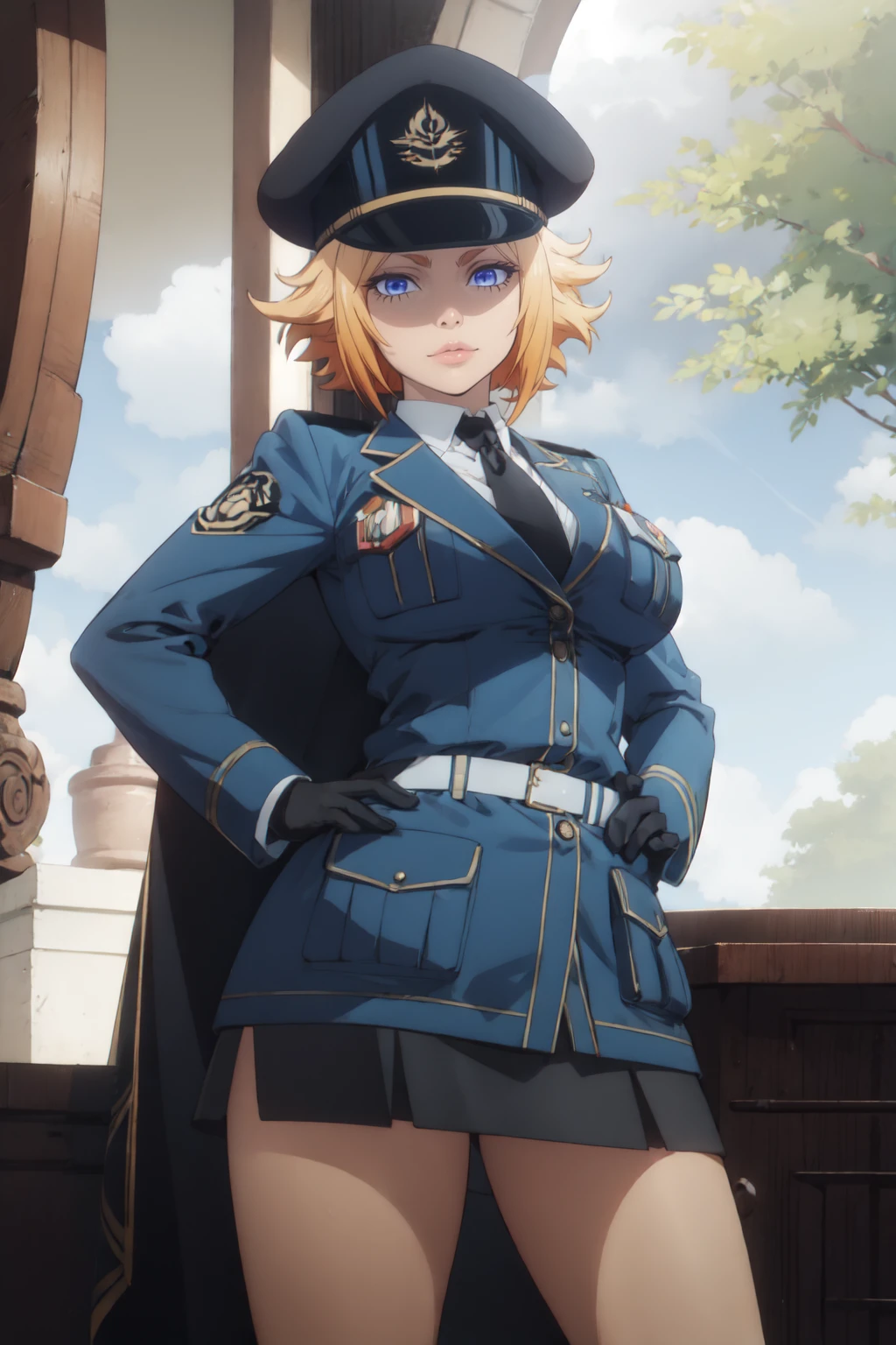 <lora:chrisWestland-10:1> chrisWestland, cwUniform,blonde hair, short hair, blue eyes,large breasts, lack necktie, blue skirt, black gloves, white shirt, blue jacket, blue cape, blue hat, military uniform, peaked cap, military hat, belt, miniskirt, pleated skirt, collared shirt