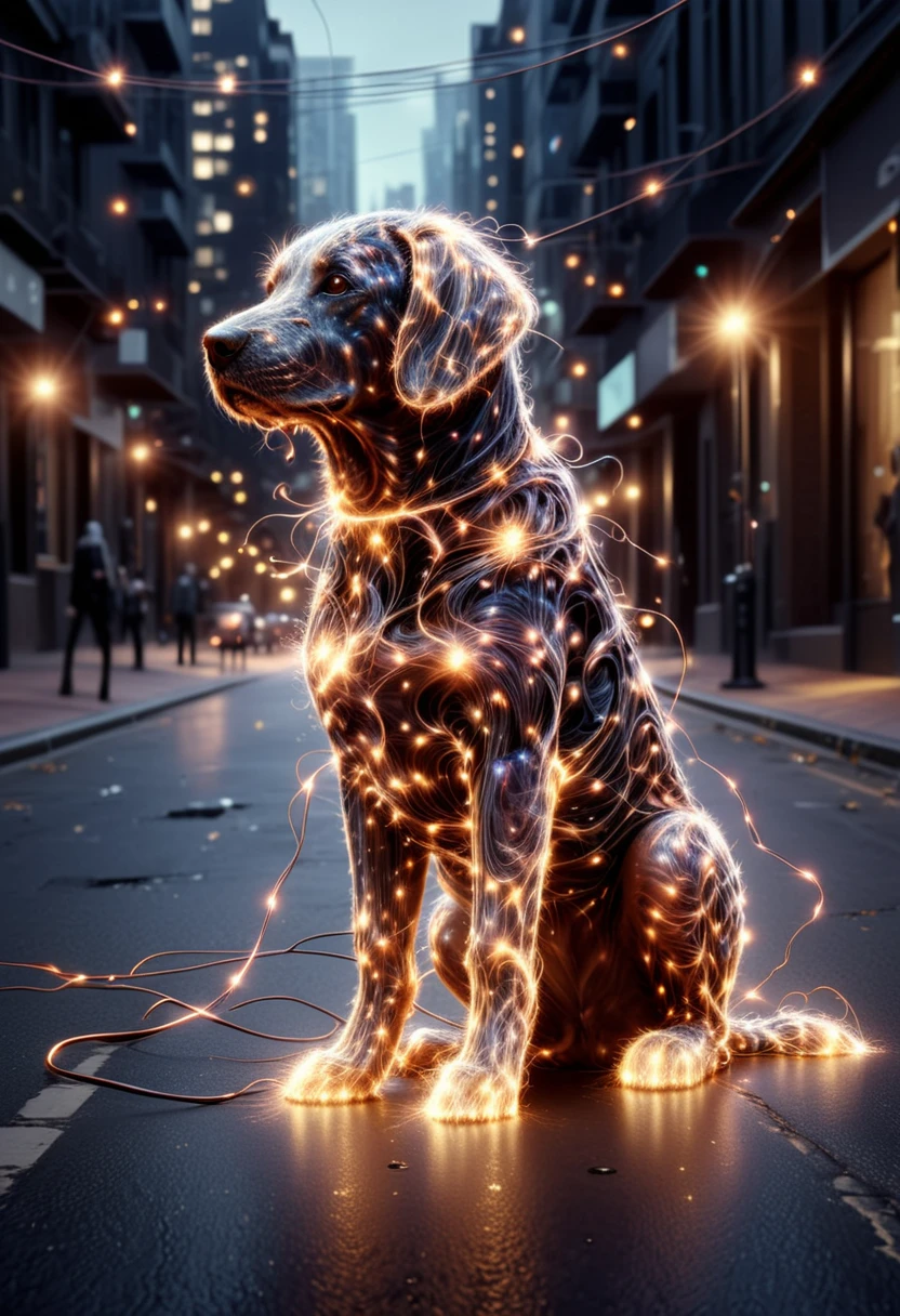 3N3RGY, dog made of electricity and sparkle, set in a street, city, ,Masterpiece,best quality, raw photo, realistic, very aesthetic