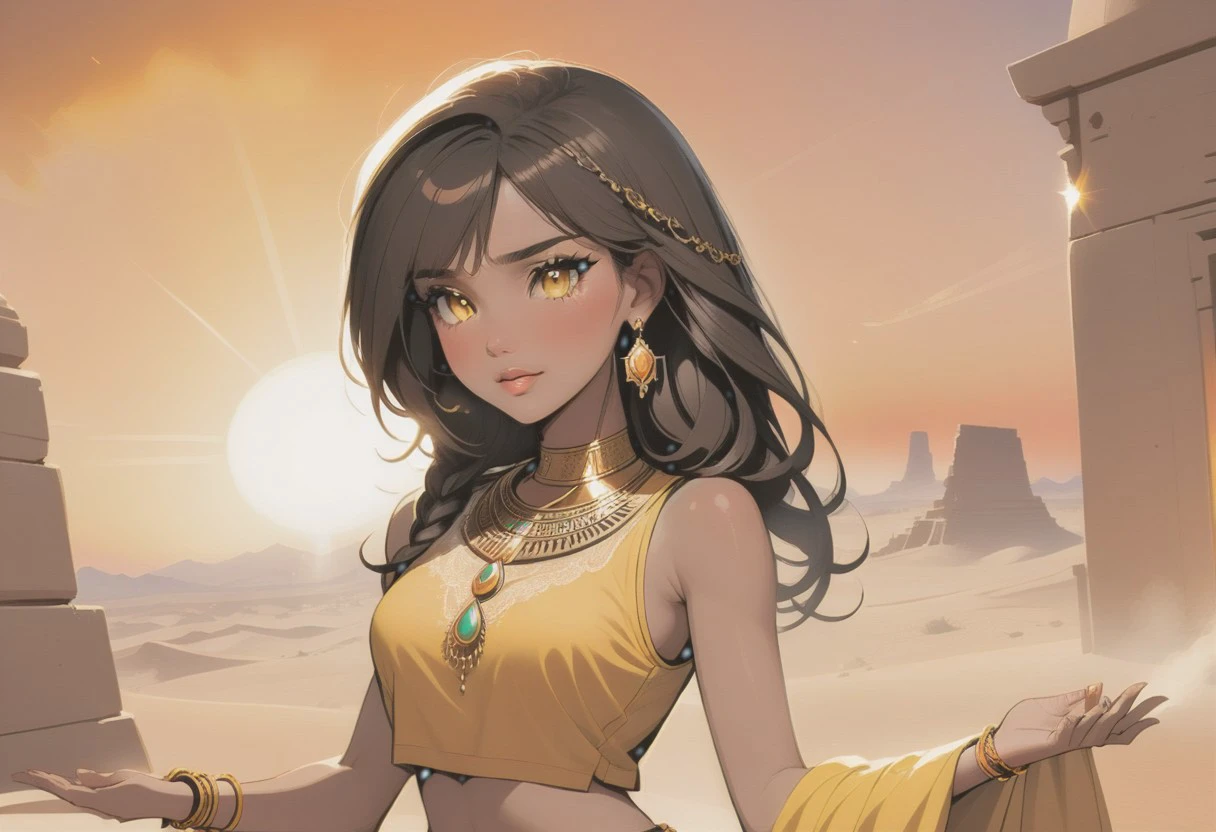 masterpiece, best quality, highres, intricate details, 4k, stunning, 1 woman, absurdres, Arabian dancer, long black hair, side swept bangs, brown skin, tan skin, yellow jeweled Arabian dancer attire, yellow cropped top, toned midriff, transparent yellow veil, sleeveless, backless, bracelet, bangles, armlets, waist chain, earrings, necklace, , brown eyes, jewelries, blush, pursed lips, happy face, holding incense, praying, large sunset behind the girl,
from front, side angle, , cowboy shot, arabian desert temple, sunset time, orange sky, perfecteyes