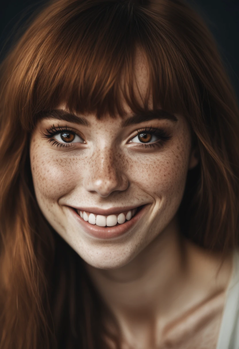 beautiful lady, (freckles), big smile, brown hazel eyes, Full Bangs, dark makeup, hyperdetailed photography, soft light, head and shoulders portrait, cover