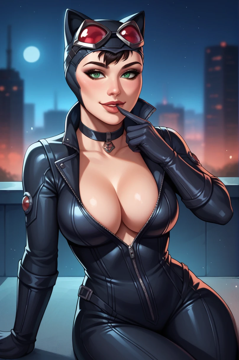 score_9, score_8_up, score_7_up, score_6_up, source_anime, BREAK masterpiece,<lora:ArkhamCity_-_Catwoman:0.9>, CatArkhamCity,helmet, googles on headwear, cat ears,  bodysuit,  cleavage, choker, seductive smile, night, rooftops, breasts, sitting, finger to mouth, gloves, close-up,  green eyes,