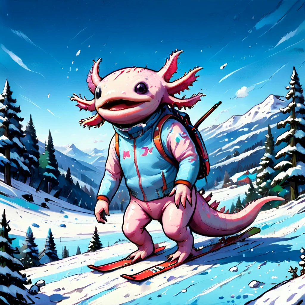 axomodelxl, axolotl in a winter wonderland, skiing down a slope, snow-covered trees, (comic book style)