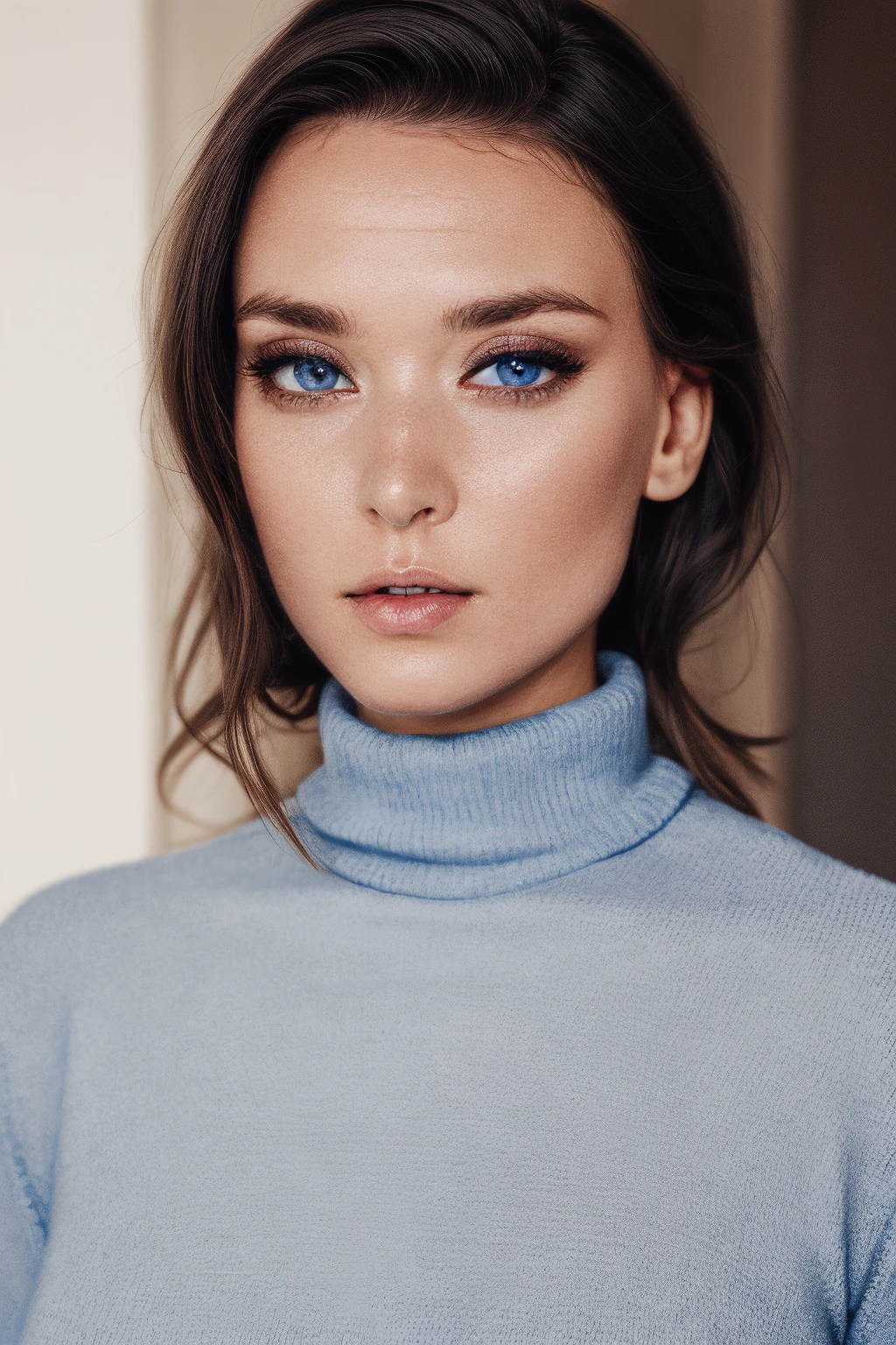 mndngwmn, (blue eyes: 0.2)turtleneck sweater, , (ultra realistic, 8k,high quality), natural lighting, (wearing makeup:1.1),