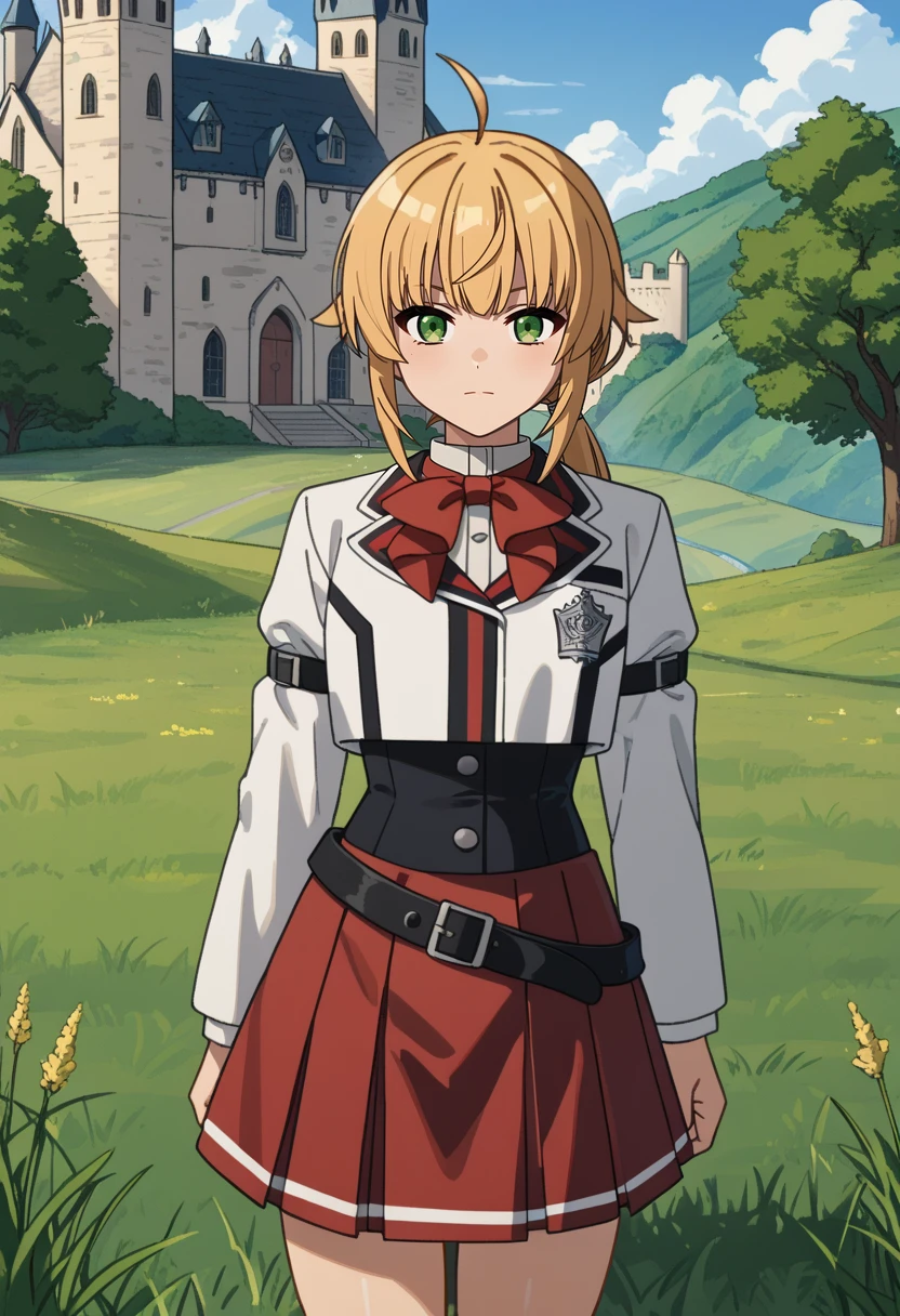 score_9,
<lora:MushokuTensei_NornGreyratXL:0.8>, NornGreyrat,
1girl, solo, closed mouth,
blonde hair, green eyes, ahoge, low ponytail,
NornSchool, blazer, cropped jacket, white jacket, red bowtie, arm belt, black corset, buttons, pleated skirt, red skirt, black belt, long sleeves,
standing, looking at viewer, thigh gap,
outdoors, medieval, castle, grass