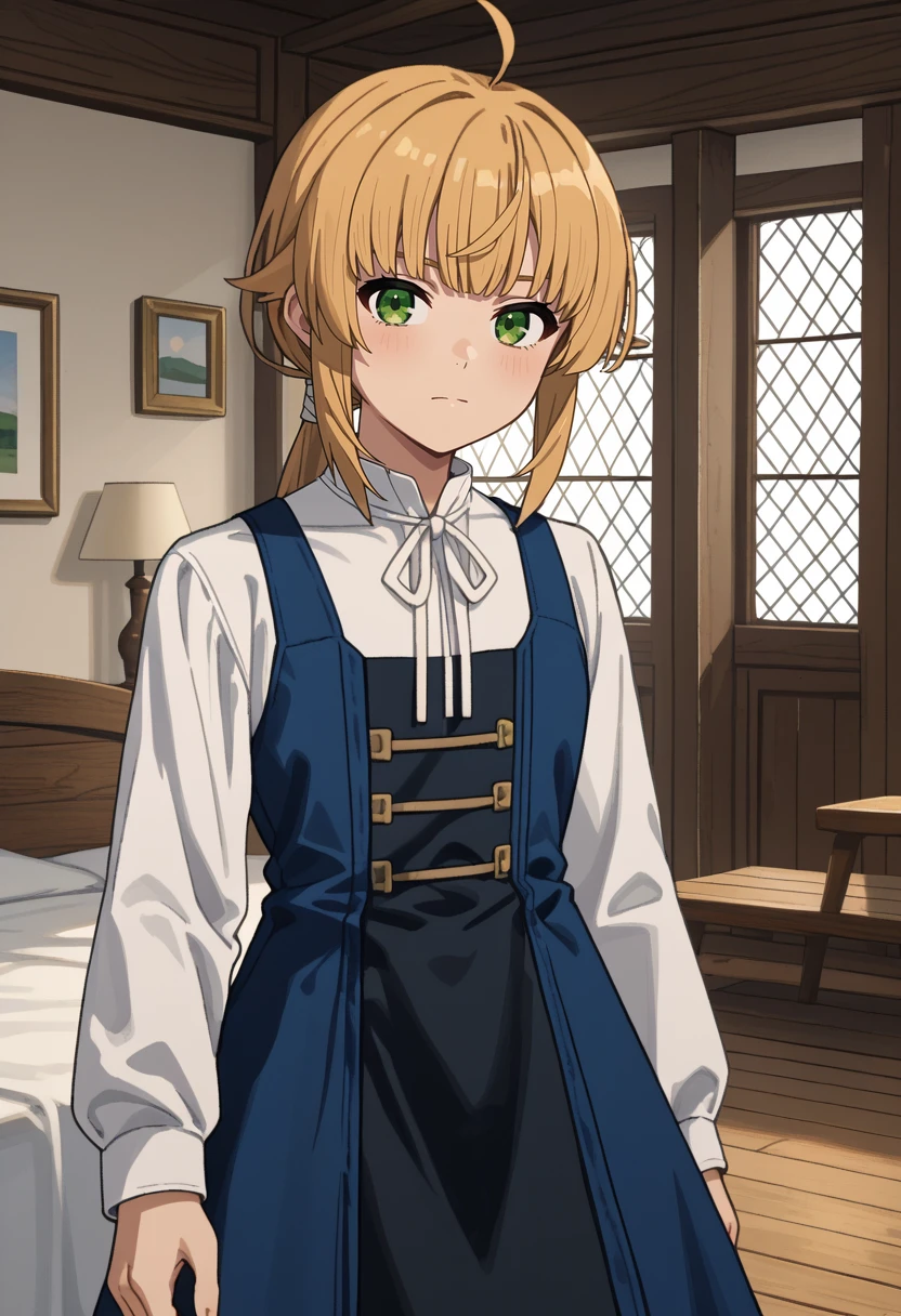 score_9,
<lora:MushokuTensei_NornGreyratXL:0.8>, NornGreyrat,
1girl, solo, closed mouth,
blonde hair, green eyes, ahoge, low ponytail,
NornHome, white shirt, pinafore dress, blue dress, black dress, neck ribbon, white ribbon, long sleeves,
standing, looking at viewer,
indoors, wood