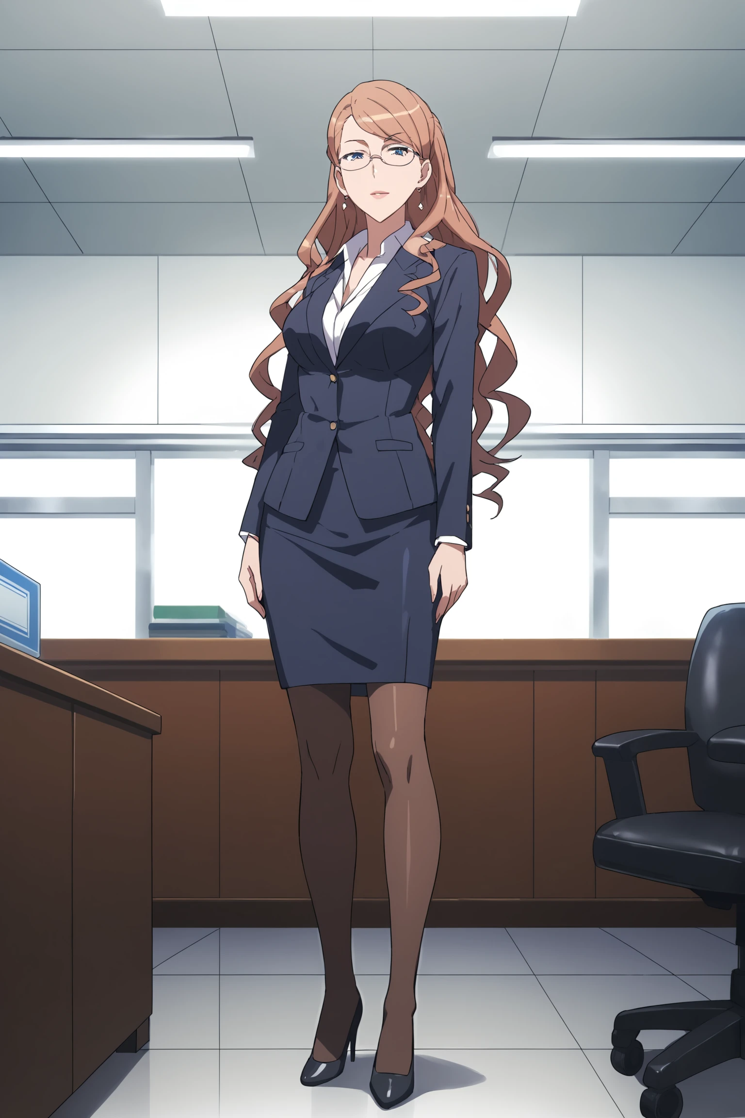 therestina kihara lifeline, brown hair, long hair, wavy hair, blue hair, glasses, thterestinasuit, suit, formal, white shirt, collared shirt, black jacket, black skirt, pencil skirt, brown pantyhose, high heels, <lora:Therestina_Kihara_Lifeline:0.8>, score_9, score_8_up, score_7_up, score_6_up, score_5_up, source_anime, rating_safe, medium breasts, indoors, office, 1girl, solo, looking at viewer,  <lora:age_slider_v4:3>, (full body:1.2)