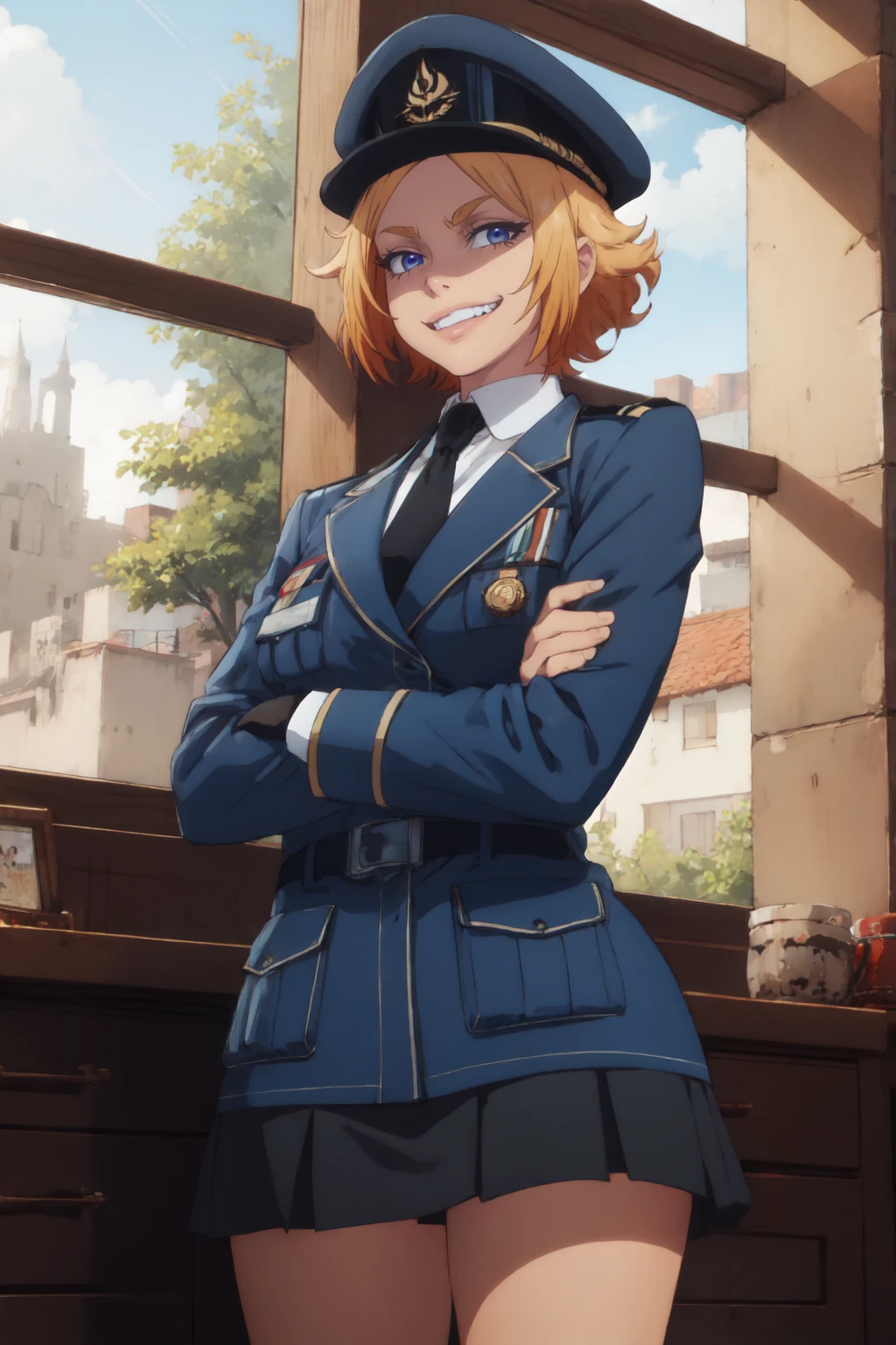 <lora:chrisWestland-10:0.8> chrisWestland, cwUniform,blonde hair, short hair, blue eyes,large breasts, black necktie, blue skirt, black gloves, white shirt, blue jacket, military uniform, belt, miniskirt, pleated skirt, collared shirt, office, (crossed arms, smirk, evil grin, grin)