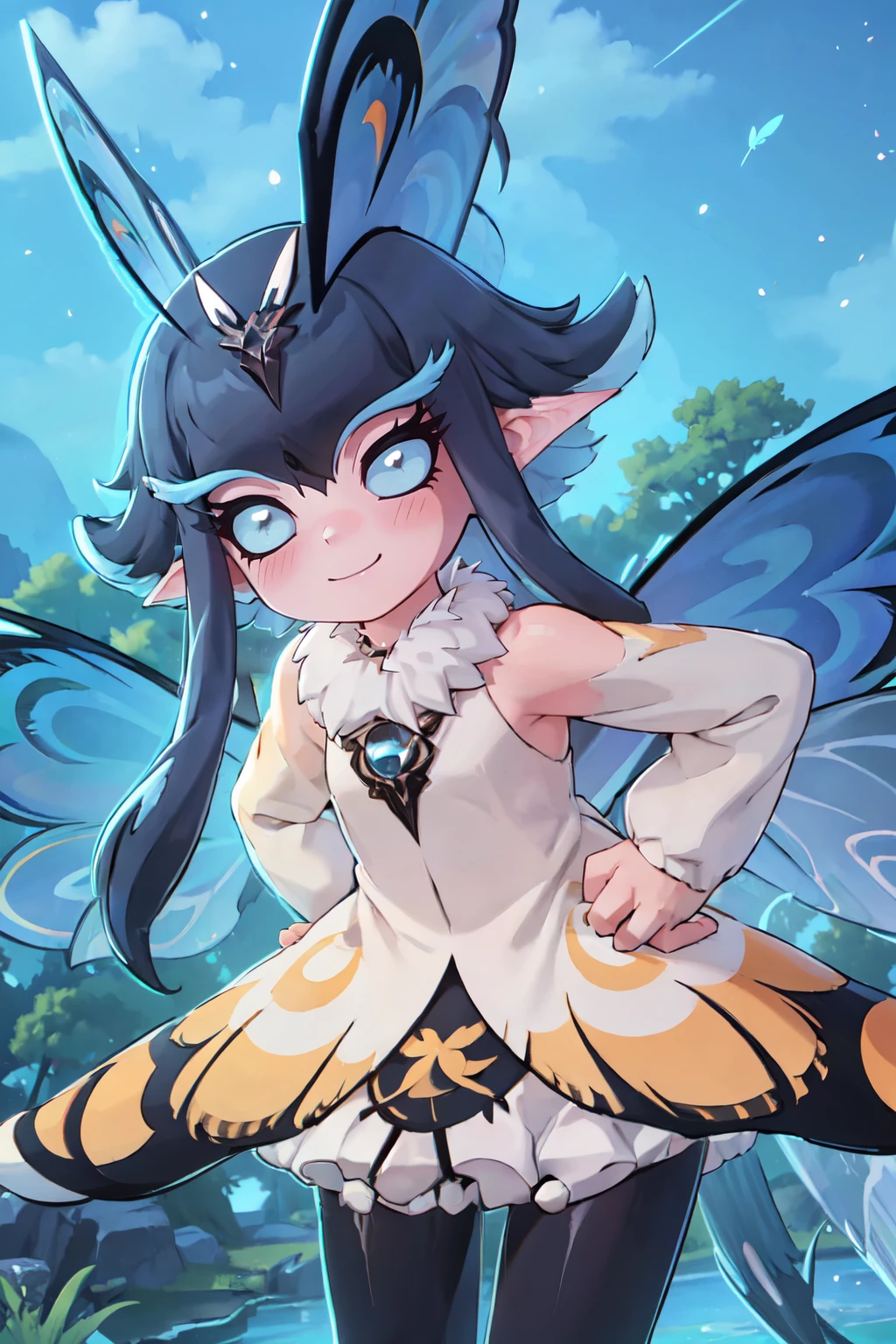 ((masterpiece,best quality)), absurdres,  BREAK, , <lora:Phantomfly_Azur:0.7>,     zzPhantomfly, looking at viewer, smile, fur collar, dress, wings, night, hands behind back, butterfly wings, , BREAK, leaning forward, head tilt, blush,, BREAK, solo, smile, looking at viewer, cowboy shot,