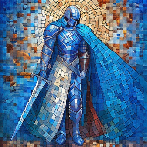 ArsMJStyle, Mosaic, weapon, sword, armor, solo, cape, knight, full armor, 1boy, helmet, male focus, holding, holding sword, holding weapon, blue cape, gauntlets, greaves, ArsMJStyle, Mosaic art