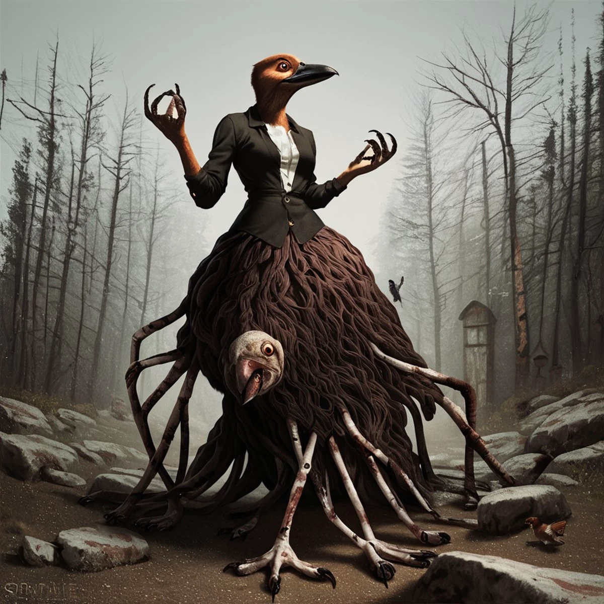 <lora:Eldritch_Beast_Pony:1>, taur, topmount, bird, beak, furry_source, score_9, scoure_8, score_7, breasts, anthro, <lora:photov3:0.75>, realistic, style, horror, beastmass,