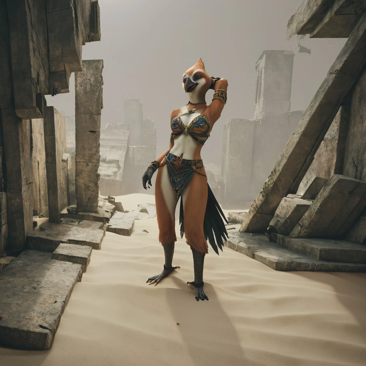 score_8_up. score_7_up, score_9, perfect lighting, masterpiece, BREAK <lora:photov3:0.75>, realistic, style, <lora:Albrecht_Labs_Pony:1>, murmur, fantasy, scenery, bird, beak, 1girl, standing. furry_source, clothing, sand, ruins, breasts, anthro, sky,