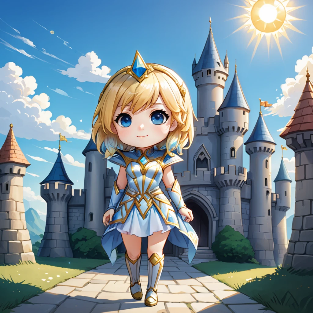 1girl, solo, chibi, full body, lightlux,  sunny sky, castle town <lora:Elementalist_Lux:0.8>