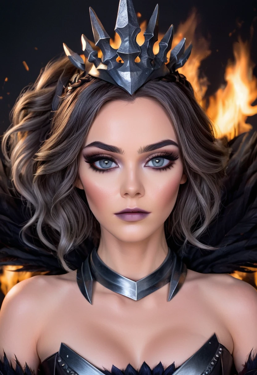 waist up photo of darklux with heavy smoky makeup, beautiful detailed eyes, skin detail, realistic, imperfections, crown <lora:Elementalist_Lux_Dark_-_SDXL:0.8>