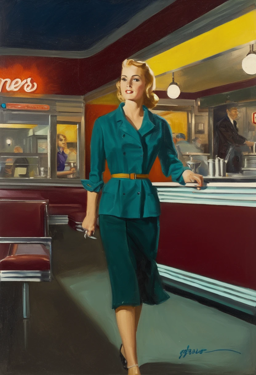 a painting, a portrait of a young woman, walking through a diner, at night, by George Gross