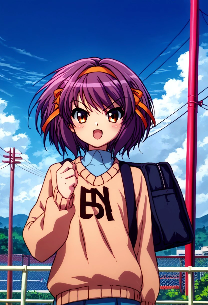 score_9, score_8_up, score_7_up, source_anime, rating_safe, suzumiya haruhi, masterpiece, nichijou_style, solo, 1girl, white eyes, purple hair, bob cut, big hair, looking at viewer, sky, cloud, open mouth, day, outdoors, power lines, blush, bag, blue sky, sweater, school uniform, v-shaped eyebrows