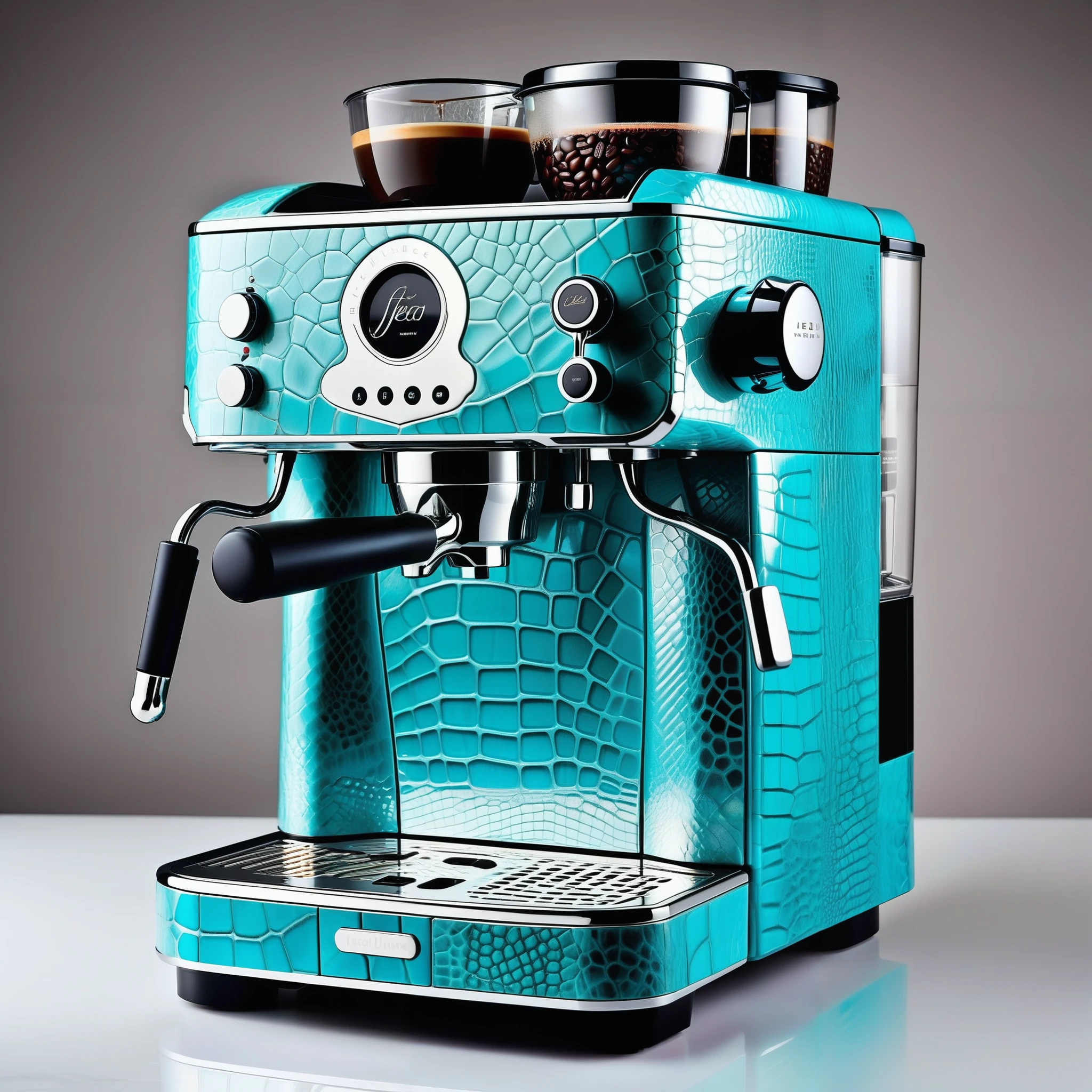 a coffee machine made in turquoise Jed-snkskn,   <lora:SnakeSkinStyle:0.5>