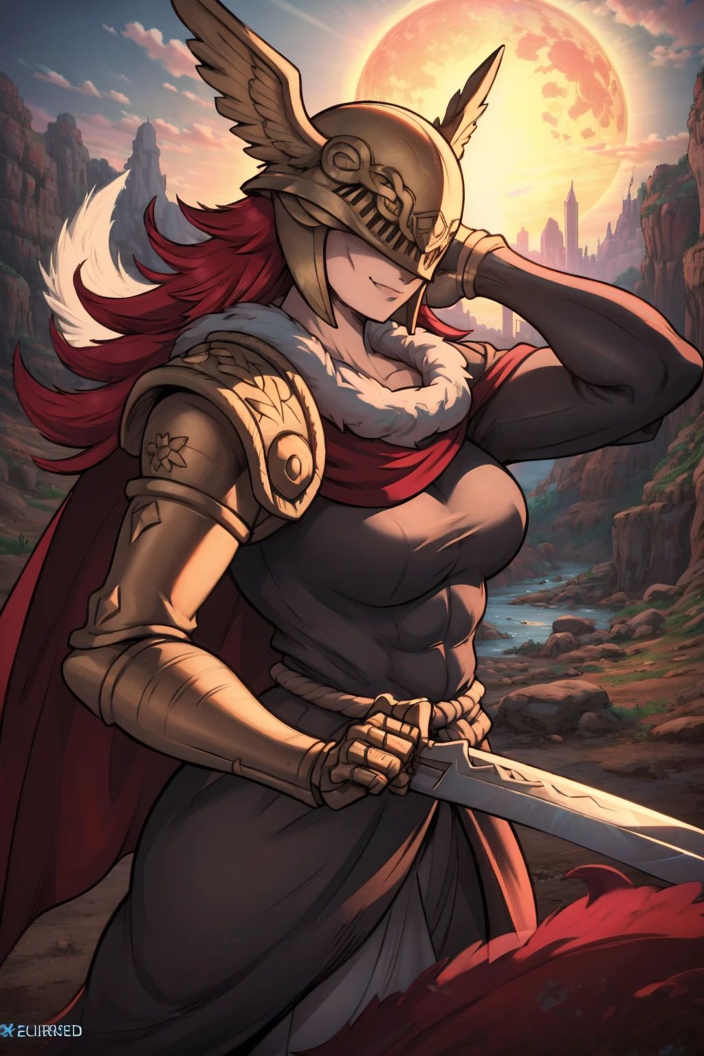 Best_QualityPos, RAW photo, intricate details, best quality, 8k uhd, soft lighting, 1girl, solo, malenia_phase_1, armor, helmet, winged helmet, long hair, cape, gauntlets, red hair, red cape, feathers, sword, holding, holding sword, sunset, looking at viewer, evil smile, toned, abs, pov, dbs_bs <lora:mouth_slider_v1:-3> <lora:Malenia_Phase_1:0.6> <lora:Dragon_Ball_Super_Broly_Style_Last:0.7>