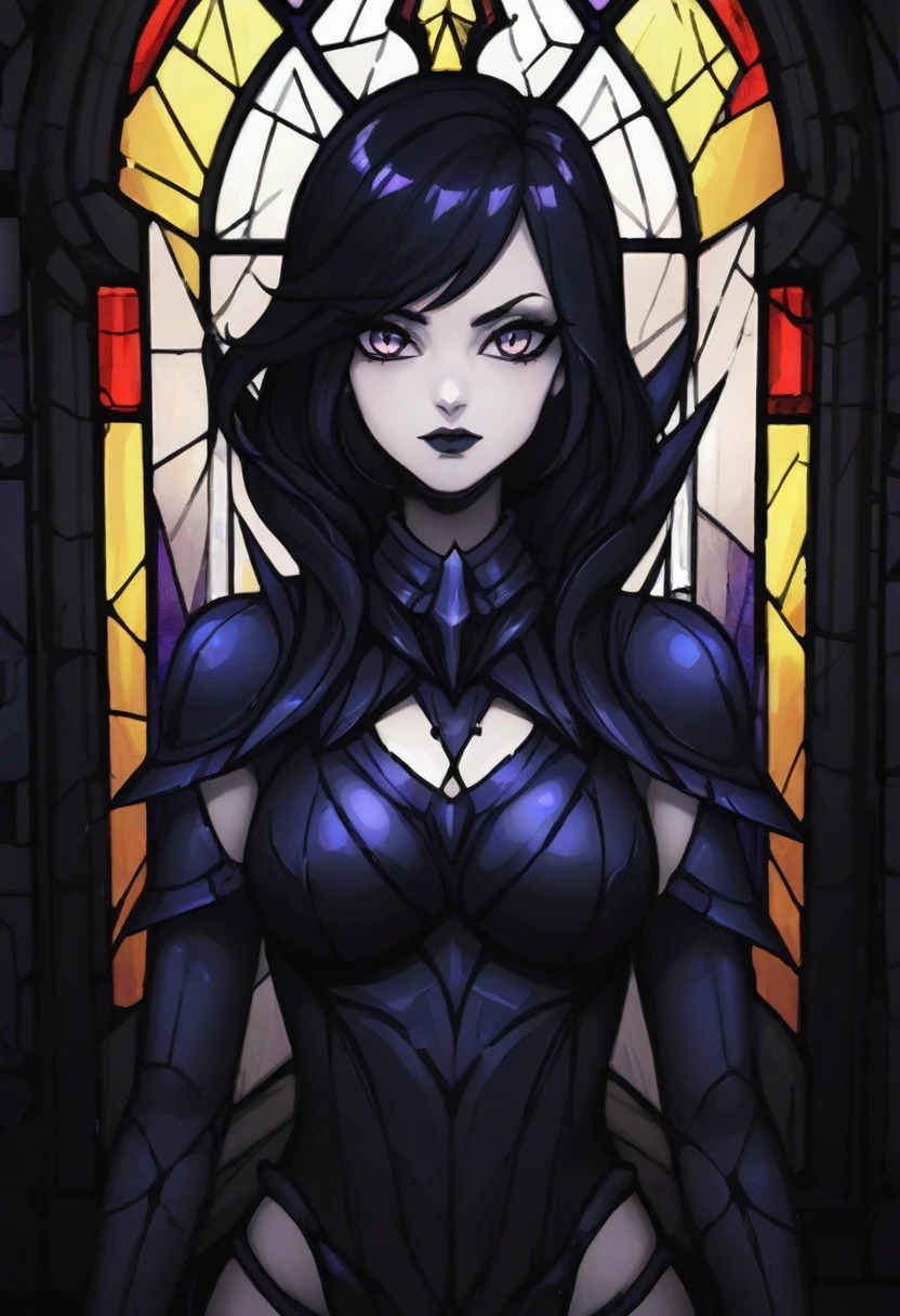 masterpiece, high quality, best quality, sharp lines, high contrast, 1girl, solo, darklux, cowboy shot, obsidian temple, stained glass window <lora:Elementalist_Lux_Dark:1>